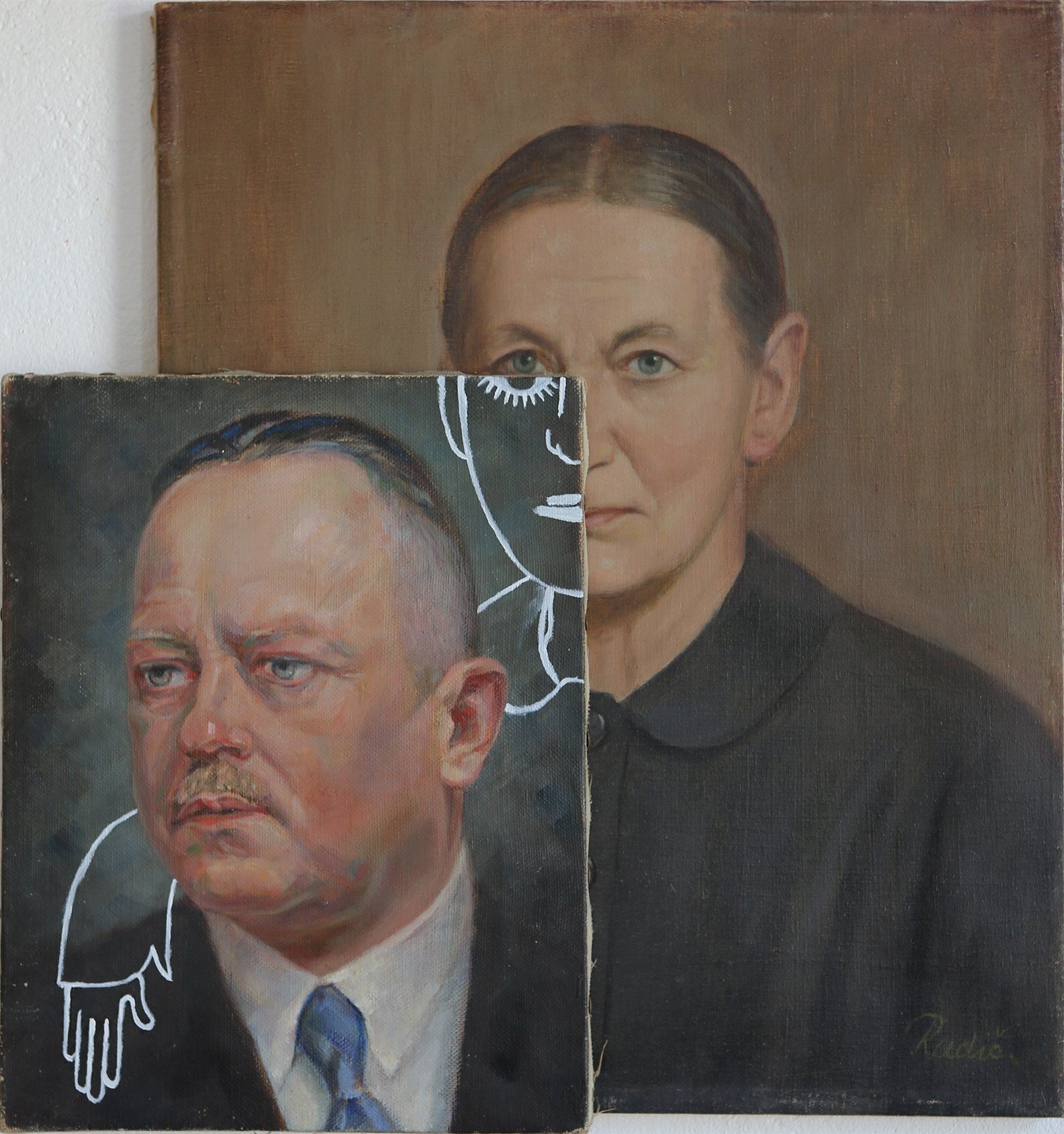 “Facination No. 1” by Sebastian Bieniek (B1EN1EK) 13.05.2014. Two overpainted paintings (oil on canvas) from 1930’s. 55,5 cm. x 52,5 cm. Part of the BieniekFace (Bieniek-Face) oeuvre by the artist. “Facination No. 1” by Sebastian Bieniek (B1EN1EK) 13.05.2014. Two overpainted paintings (oil on canvas) from 1930’s. 55,5 cm. x 52,5 cm. Part of the BieniekFace (Bieniek-Face) oeuvre by the artist.