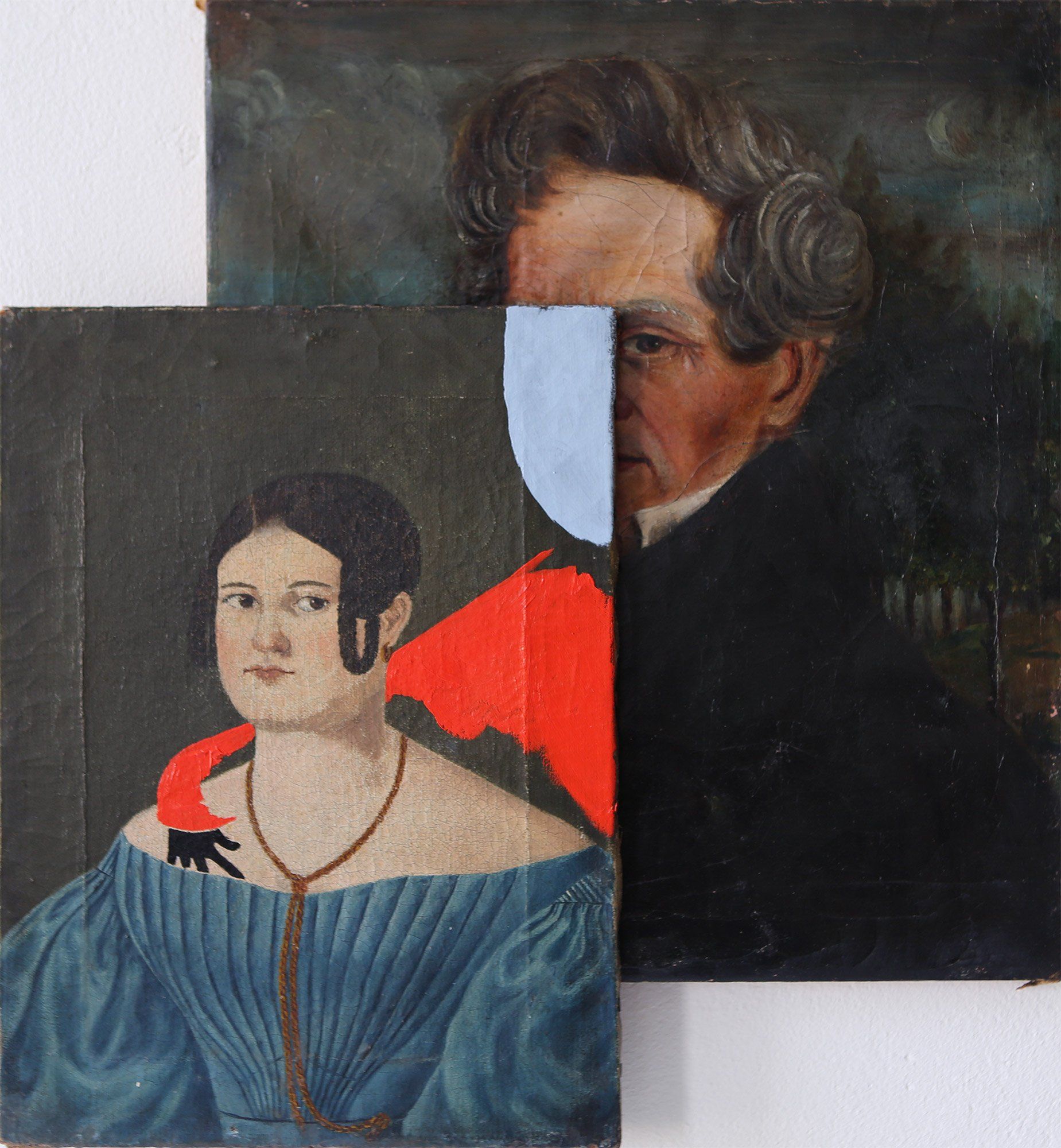 “Facination No. 2” by Sebastian Bieniek (B1EN1EK) 23.05.2014. Two overpainted paintings (oil on canvas) from 1820’s. 45 cm. x 41 cm. (overpainted medium, here two paintings). Part of the BieniekFace (Bieniek-Face) oeuvre by the artist. “Facination No. 2” by Sebastian Bieniek (B1EN1EK) 23.05.2014. Two overpainted paintings (oil on canvas) from 1820’s. 45 cm. x 41 cm. (overpainted medium, here two paintings). Part of the BieniekFace (Bieniek-Face) oeuvre by the artist.
