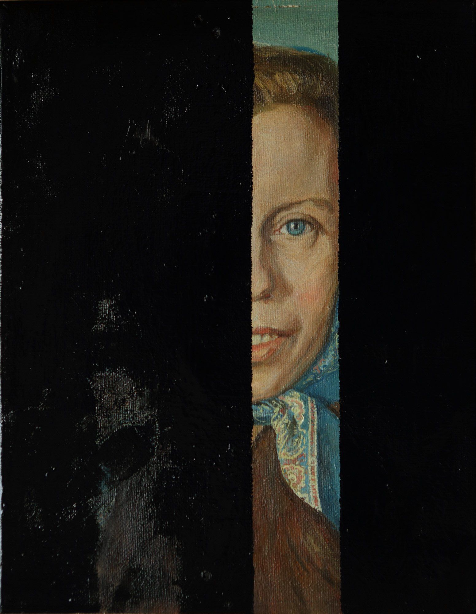 „Half-Faced No. 2“ by Sebastian Bieniek (B1EN1EK), 2014. Overpainted old painting (oil on canvas) from 1970. 37,5 cm. x 29,5 cm. Bieniek-Paint (overpainted medium, here an old painting) from the oeuvre of Bieniek-Face (BieniekFace) by the artist. „Half-Faced No. 2“ by Sebastian Bieniek (B1EN1EK), 2014. Overpainted old painting (oil on canvas) from 1970. 37,5 cm. x 29,5 cm. Bieniek-Paint (overpainted medium, here an old painting) from the oeuvre of Bieniek-Face (BieniekFace) by the artist.