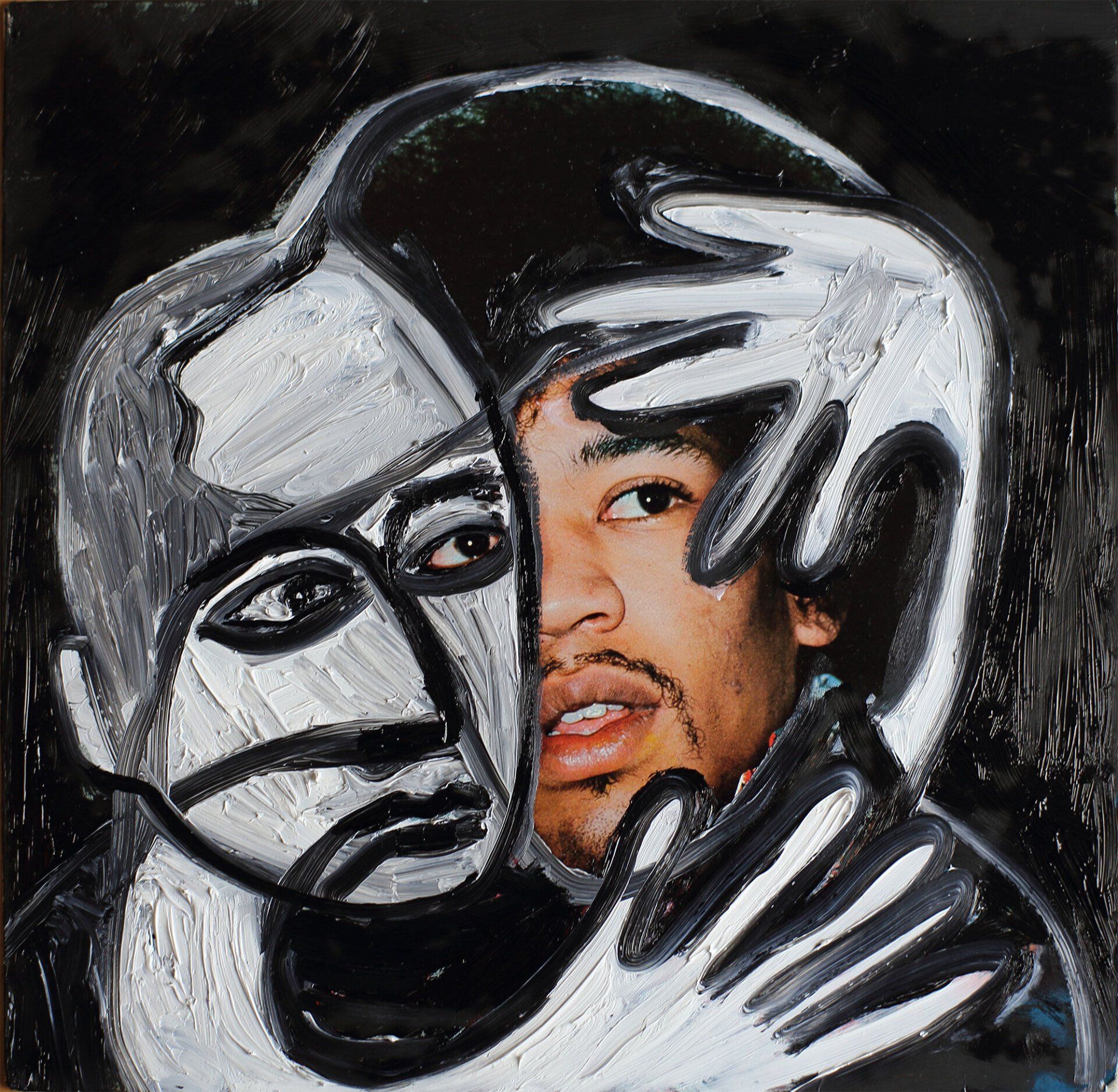 „Ghost Rider No. 2“ (Jimi Hendrix) by Sebastian Bieniek (B1EN1EK), 2016. Oil on original LP cover, 31,5 cm. x 30 cm. Bieniek-Paint (overpainted medium) from the oeuvre of Bieniekface by the artist. „Ghost Rider No. 2“ (Jimi Hendrix) by Sebastian Bieniek (B1EN1EK), 2016. Oil on original LP cover, 31,5 cm. x 30 cm. Bieniek-Paint (overpainted medium) from the oeuvre of Bieniekface by the artist.