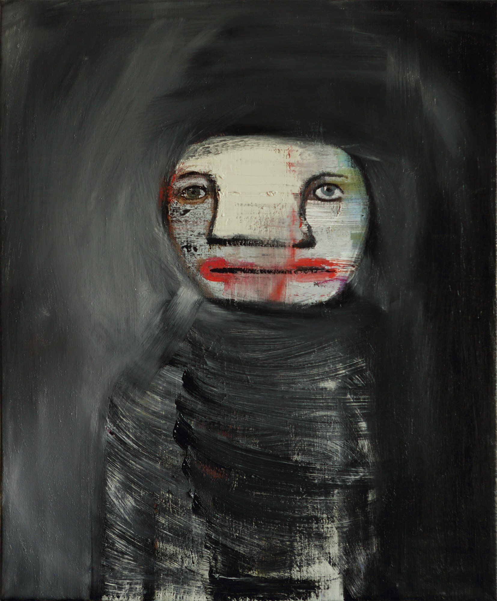 „Half-Faced No. 2“ by Sebastian Bieniek (B1EN1EK), 2014. Overpainted old painting (oil on canvas) from 1970. 37,5 cm. x 29,5 cm. Bieniek-Paint (overpainted medium, here an old painting) from the oeuvre of Bieniek-Face (BieniekFace) by the artist. „Wide Face No. 2“ by Sebastian Bieniek (B1EN1EK), 2014. Overpainted old painting (oil on canvas) from 1939. 60,5 cm. x 50,5 cm. (overpainted medium) from the oeuvre of BieniekFace (BieniekFace) by the artist.