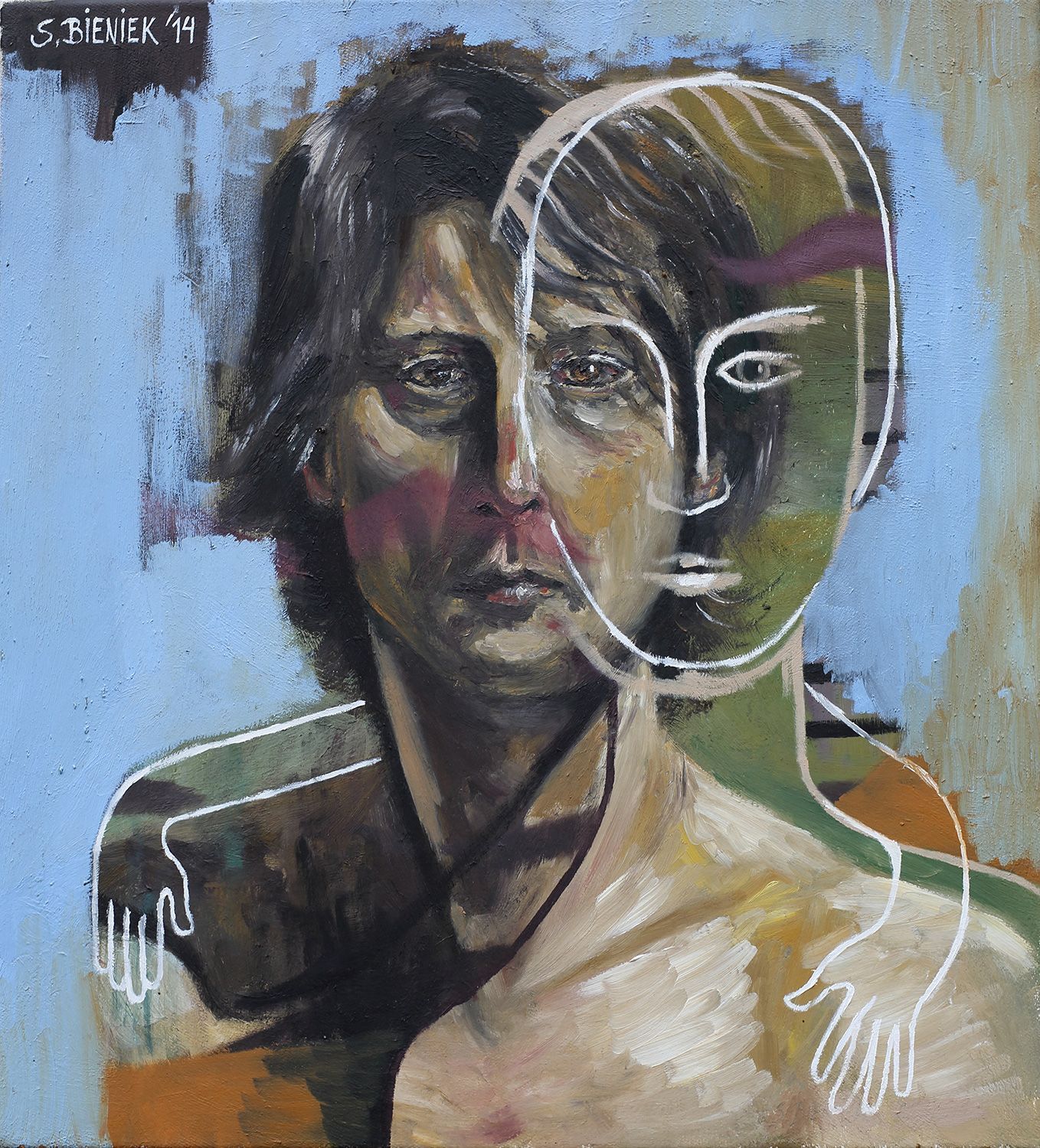 „Two-Faced No. 6“ by Sebastian Bieniek (B1EN1EK), 2014, self-portrait by the artist. Oil on canvas, 55 cm. x 50 cm. From the oeuvre of BieniekFace painting.