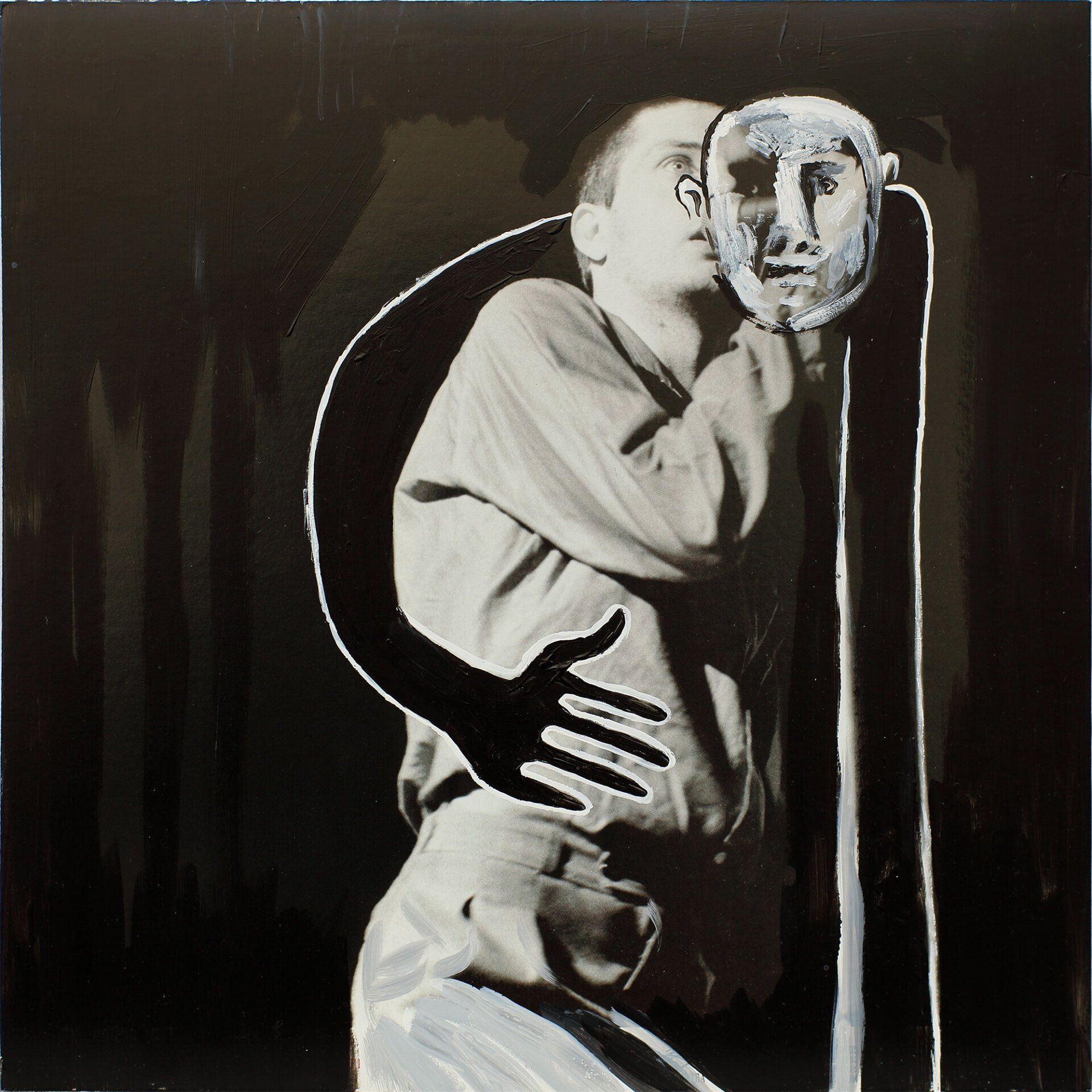 „Ghost Rider No. 8“ (Ian Curtis/Joy Division) by Sebastian Bieniek (B1EN1EK), 2019. Oil on original LP cover, 31,5 cm. x 30 cm. Bieniek-Paint (overpainted medium) from the oeuvre of Bieniek-Face (BieniekFace) by the artist.