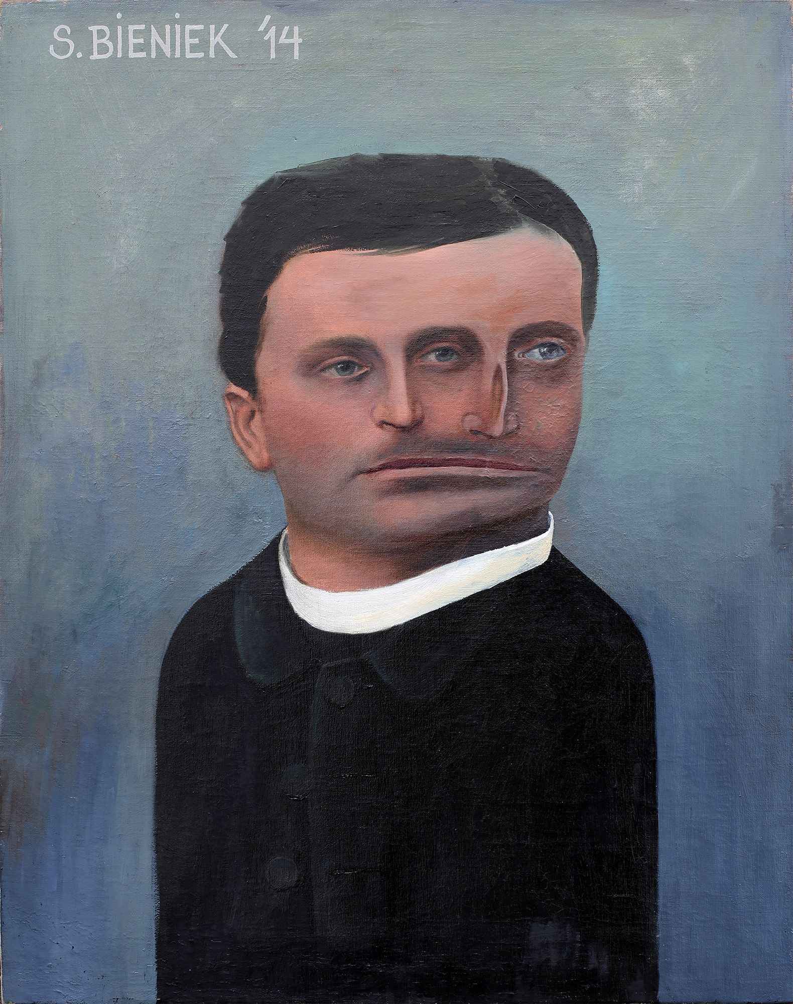 „Threeeye No. 5“ by Sebastian Bieniek (B1EN1EK), 2014. Overpainted old painting (oil on canvas) from 1901. 60 cm. x 47 cm. (overpainted medium, here an old painting) from the oeuvre of BieniekFace (Bieniek-Face) by the artist. Since 2024 also titeled „Threeeye No. 5“ by Sebastian Bieniek (B1EN1EK), 2014. Overpainted old painting (oil on canvas) from 1901. 60 cm. x 47 cm. (overpainted medium, here an old painting) from the oeuvre of BieniekFace (Bieniek-Face) by the artist. Since 2024 also titeled