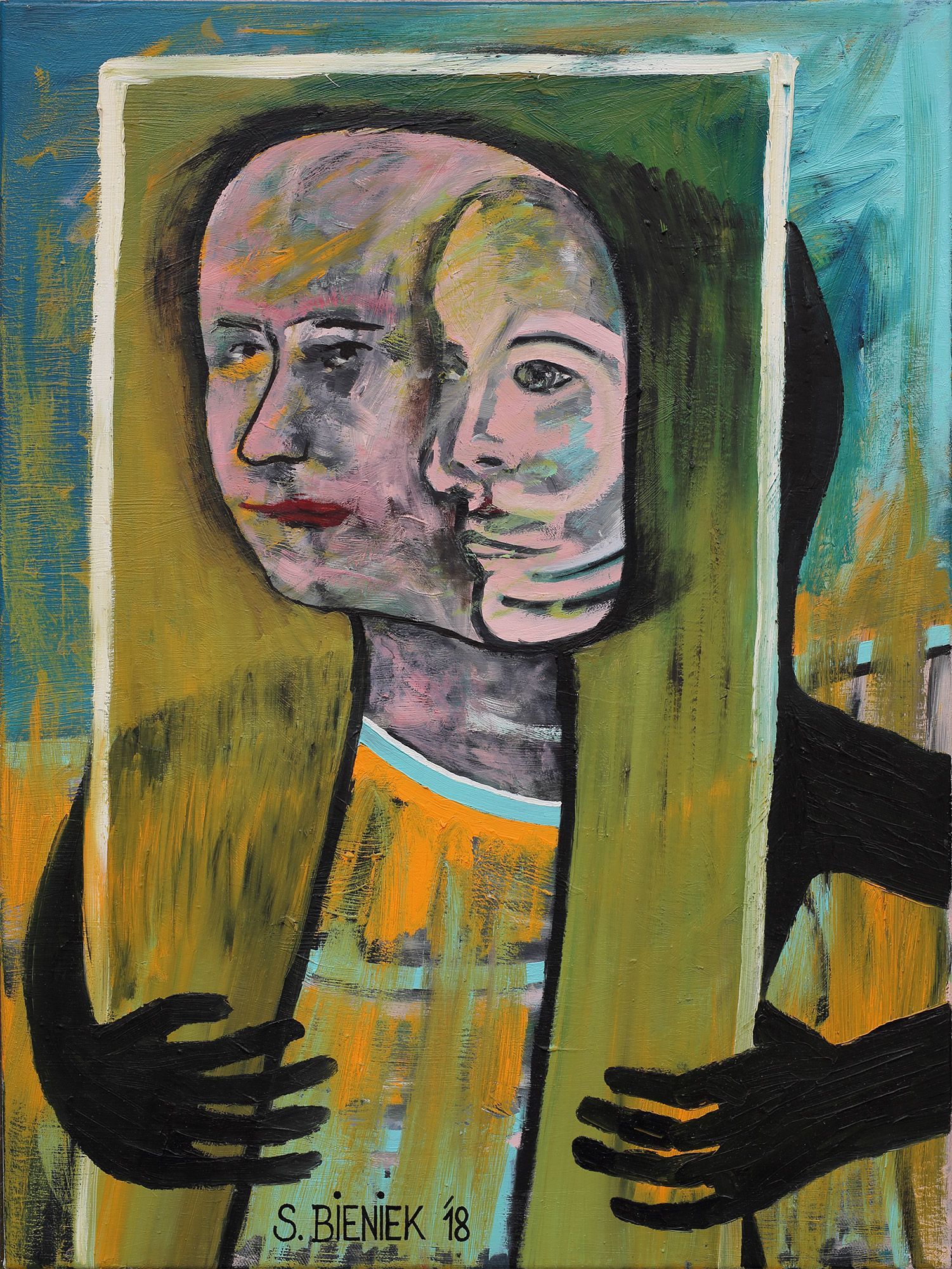 „Two-Faced No. 10“ by Sebastian Bieniek, 2018. Oil on canvas, 80 cm. x 60 cm., before also titeled „Two-Faced No. 10“ by Sebastian Bieniek, 2018. Oil on canvas, 80 cm. x 60 cm., before also titeled