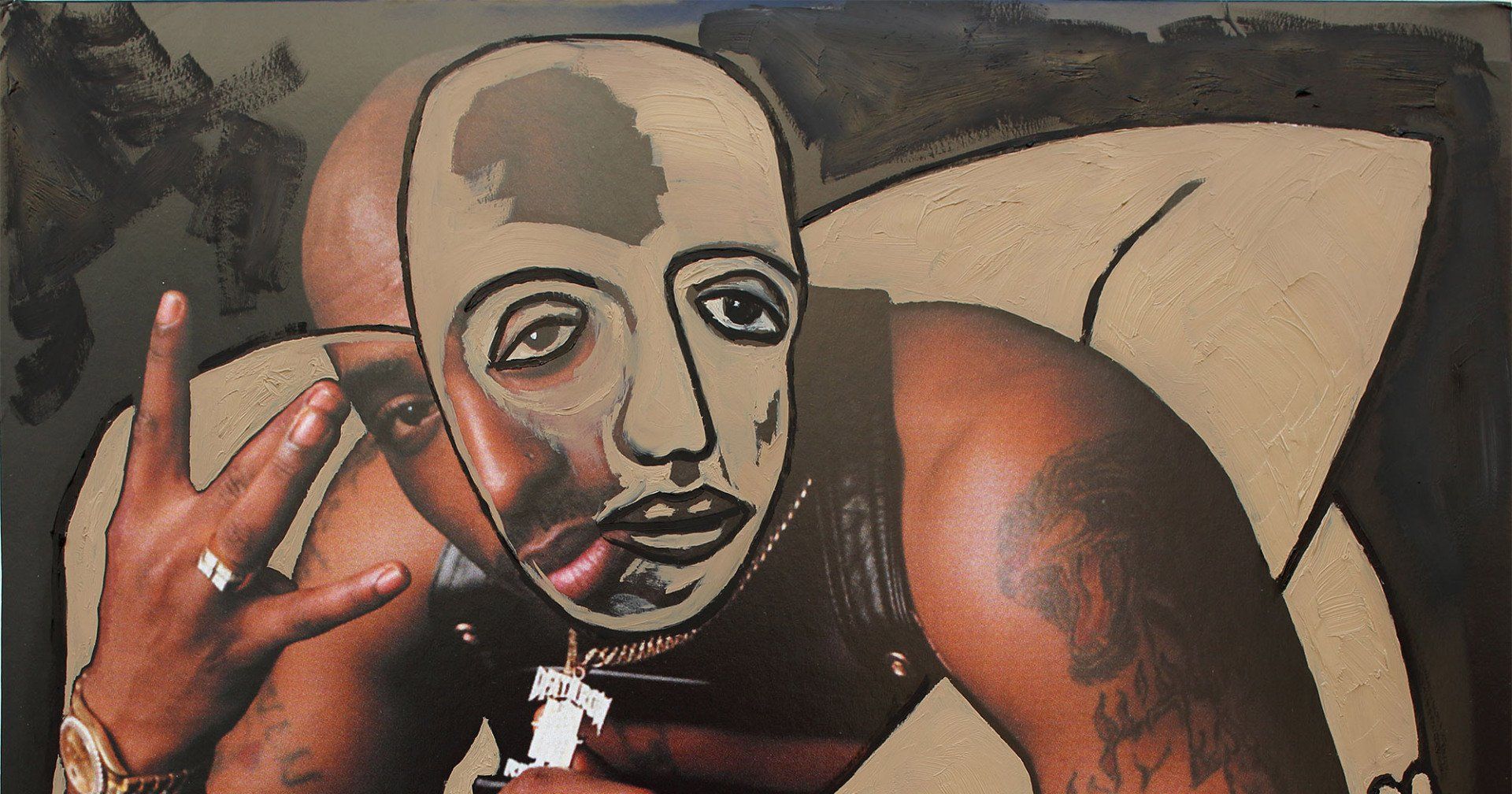 „Ghost Rider No. 24“ (Tupac Amaru Shakur / 2Pak / Tupac Shakur) by Sebastian Bieniek (B1EN1EK), 2019. Oil on original LP cover, 31,5 cm. x 30 cm. Bieniek-Paint (overpainted medium) from the oeuvre of Bieniekface by the artist. „Ghost Rider No. 24“ (Tupac Amaru Shakur / 2Pak / Tupac Shakur) by Sebastian Bieniek (B1EN1EK), 2019. Oil on original LP cover, 31,5 cm. x 30 cm. Bieniek-Paint (overpainted medium) from the oeuvre of Bieniekface by the artist.