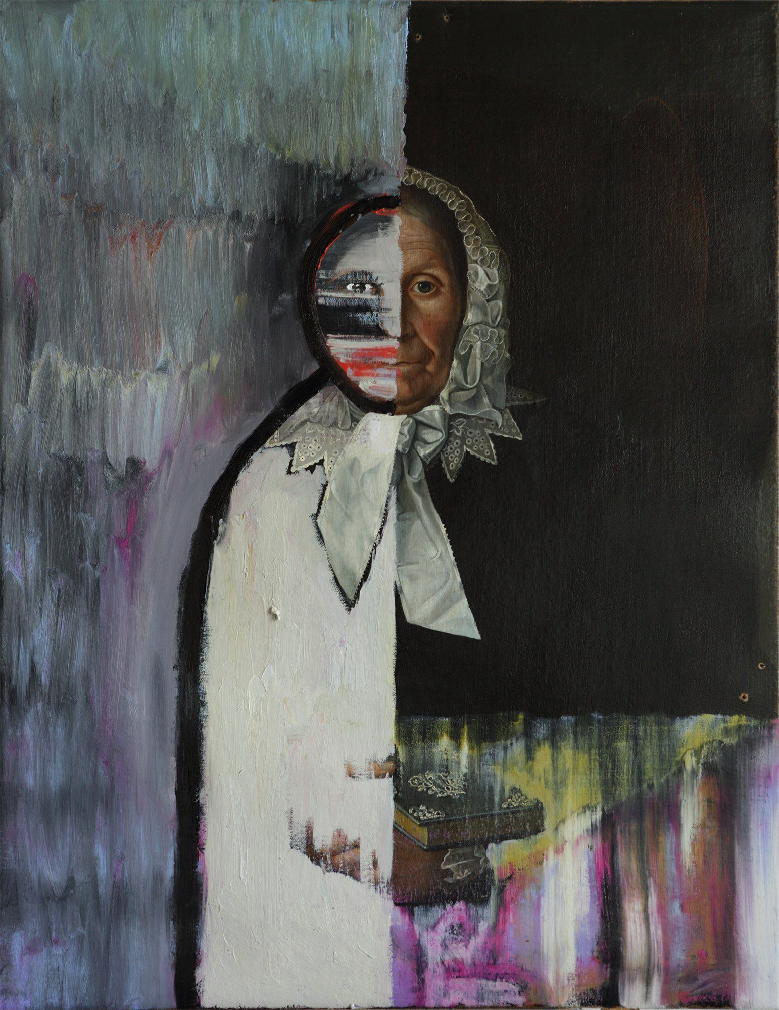 “Facination No. 14” by Sebastian Bieniek (B1EN1EK) 2014. Overpainted orig. painting (oil on canvas) from 1890. 75 cm. x 58,5 cm. (overpainted medium). Part of the BieniekFace (Bieniek-Face) oeuvre by the artist. “Facination No. 14” by Sebastian Bieniek (B1EN1EK) 2014. Overpainted orig. painting (oil on canvas) from 1890. 75 cm. x 58,5 cm. (overpainted medium). Part of the BieniekFace (Bieniek-Face) oeuvre by the artist.