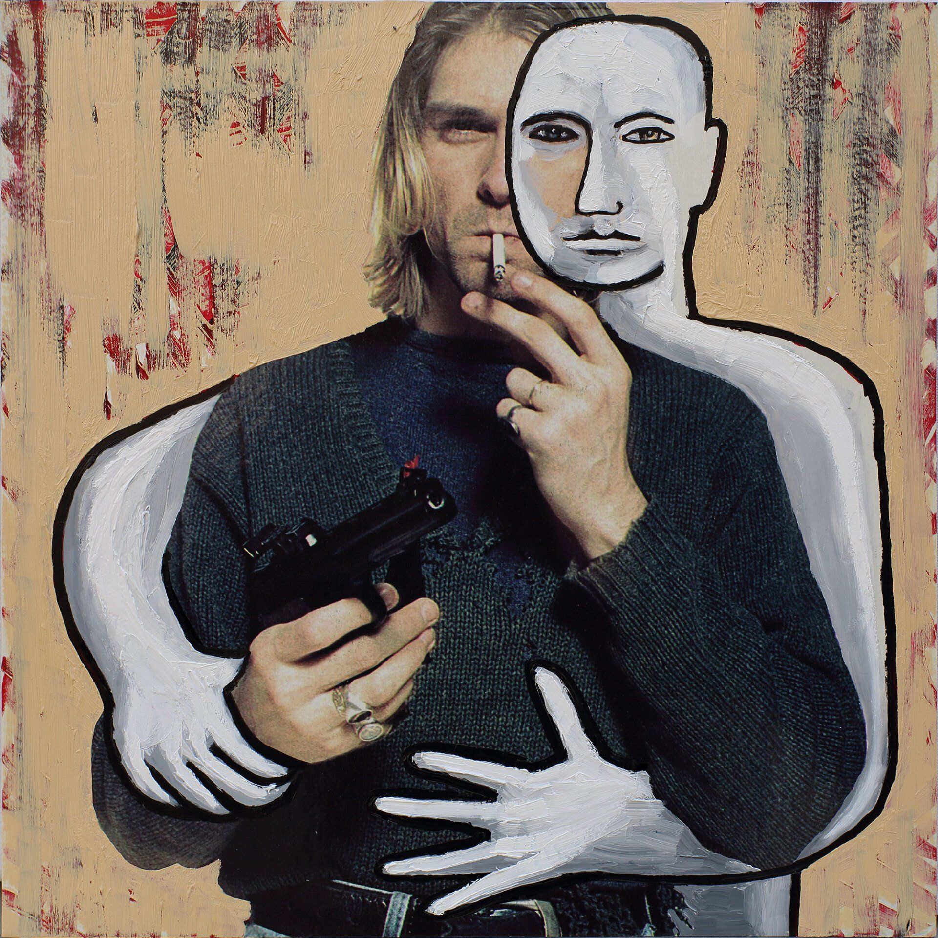 „Ghost Rider No. 15“ (Kurt Cobain / Nirvana) by Sebastian Bieniek (B1EN1EK), 2019. Oil on original LP cover, 31,5 cm. x 30 cm. Bieniek-Paint (overpainted medium) from the oeuvre of Bieniekface by the artist.
