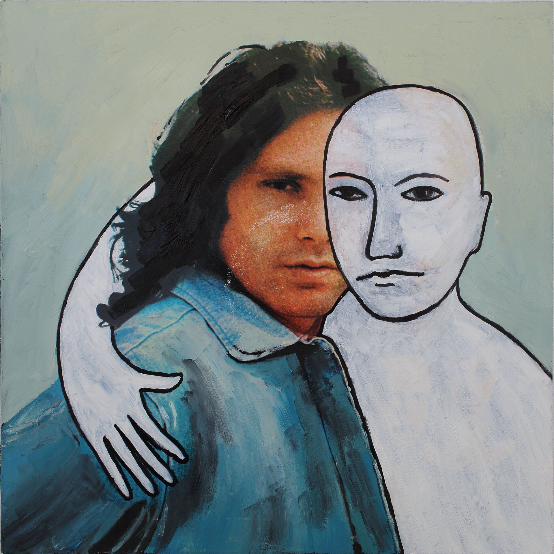 „Ghost Rider No. 18“ (Jim Morrison / The Doors) by Sebastian Bieniek (B1EN1EK), 2019. Oil on original LP cover, 31,5 cm. x 30 cm. Bieniek-Paint (overpainted medium) from the oeuvre of Bieniekface by the artist.