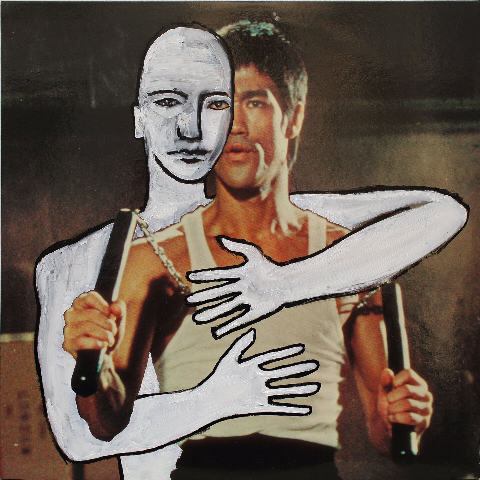 „Ghost Rider No. 22“ (Bruce Lee) by Sebastian Bieniek (B1EN1EK), 2019. Oil on original LP cover, 31,5 cm. x 30 cm. Bieniek-Paint (overpainted medium) from the oeuvre of Bieniekface by the artist.