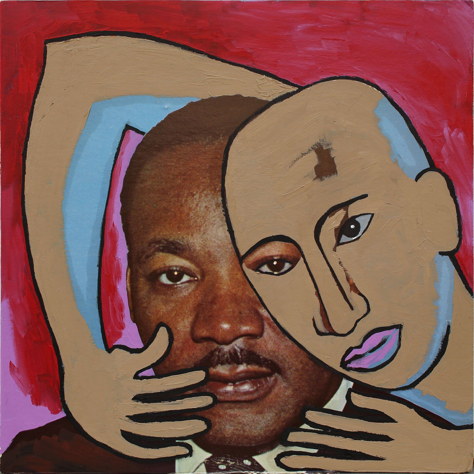 „Ghost Rider No. 23“ (Martin Luther King Jr.) by Sebastian Bieniek (B1EN1EK), 2019. Oil on original LP cover, 31,5 cm. x 30 cm. Bieniek-Paint (overpainted medium) from the oeuvre of Bieniekface by the artist.