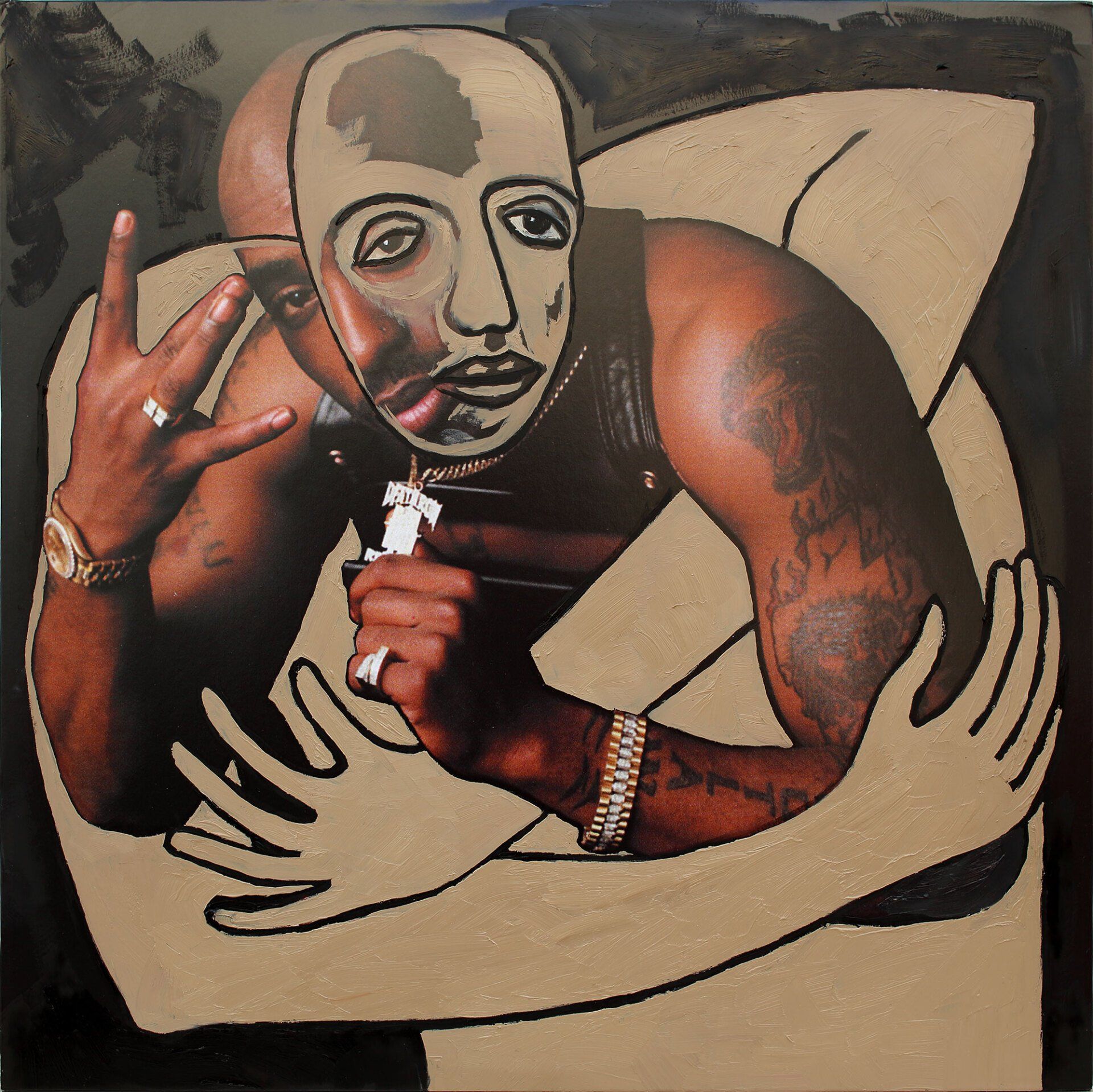 „Ghost Rider No. 24“ (Tupac Amaru Shakur / 2Pak / Tupac Shakur) by Sebastian Bieniek (B1EN1EK), 2019. Oil on original LP cover, 31,5 cm. x 30 cm. Bieniek-Paint (overpainted medium) from the oeuvre of Bieniekface by the artist.