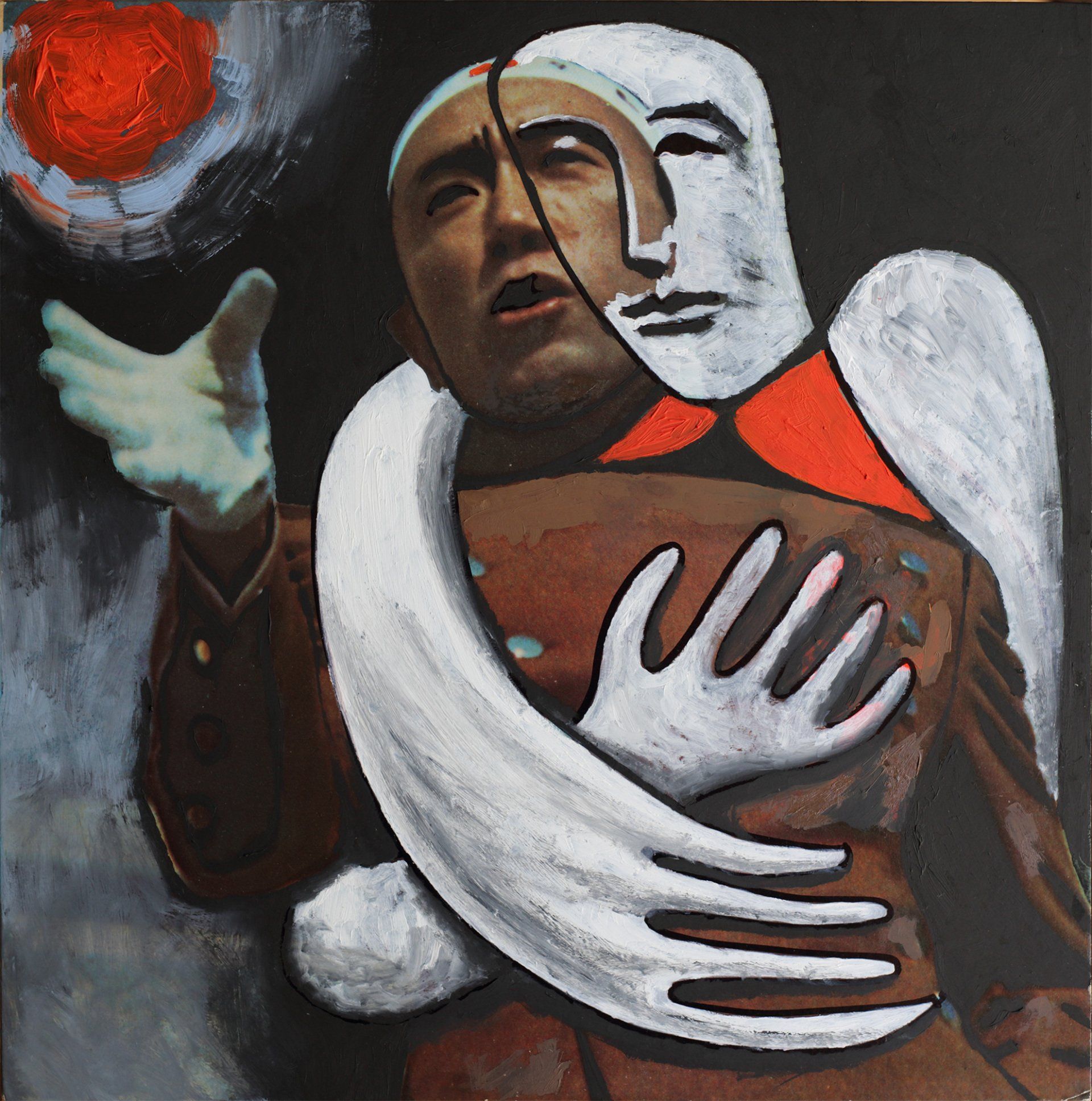 „Ghost Rider No. 25“ (Mishima Yukio, 三島 由紀夫) by Sebastian Bieniek, 2022. Oil on original LP, 31cm. x 31 cm. 58, 58 icons, art, artwork, 58 icons club, the 58 icons club, 58 ikonen club, club 58, 27 club, club 27, Kunst, artwork, Kunst, Künstler, artist, 58 painting, buy, auction, available, preis, prize, members, gallery, exhibition, book, ghost, angel, pleiadian king, ghost rider art,