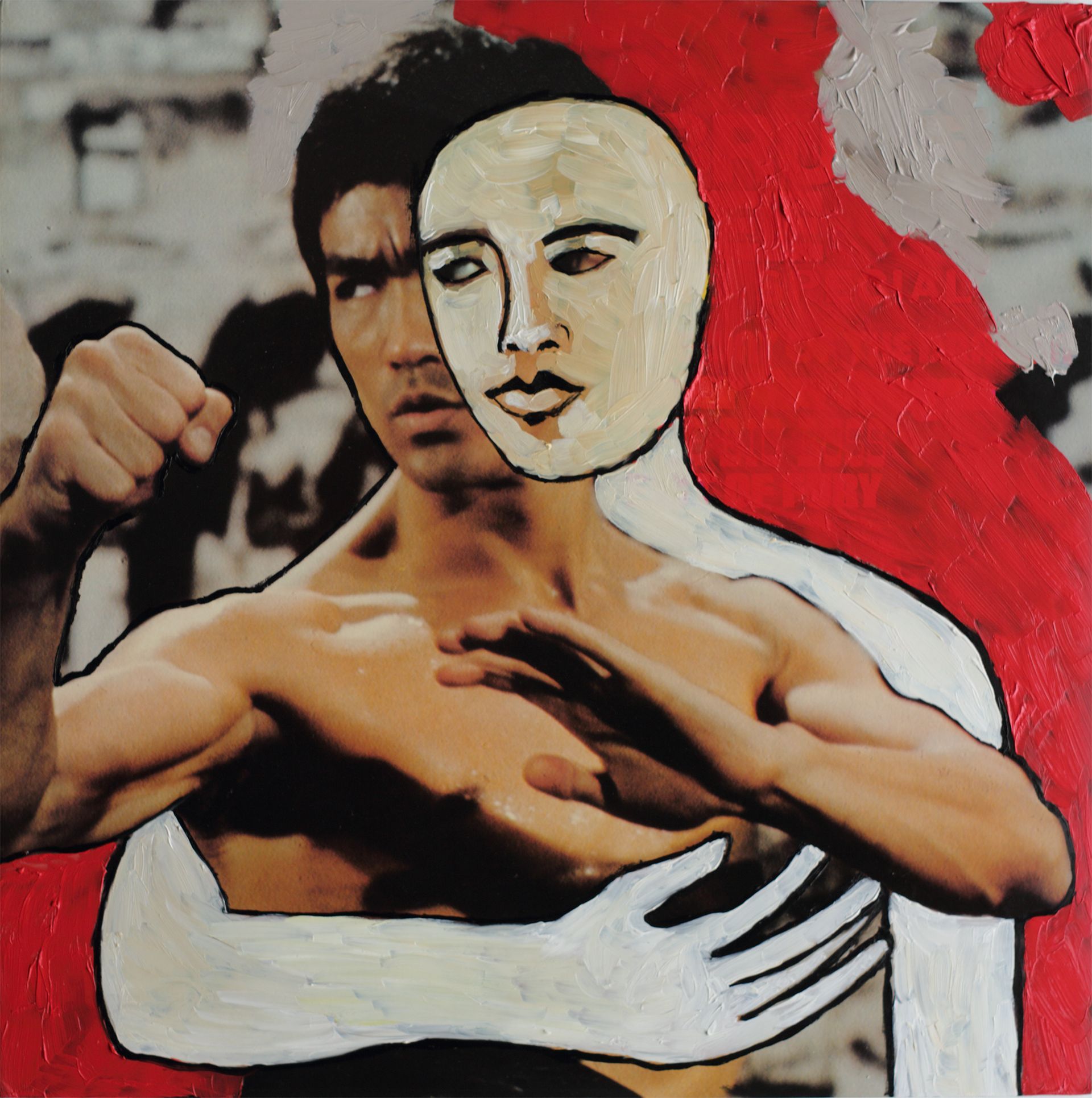 „Ghost Rider No. 29“ (Bruce Lee 2/4) by Sebastian Bieniek, 2022. Oil on original LP (movie soundtrack), 31cm. x 31 cm. From the 58, 58 icons, art, artwork, 58 icons club, the 58 icons club, 58 ikonen club, club 58, 27 club, club 27, Kunst, artwork, Kunst, Künstler, artist, 58 painting, buy, auction, available, preis, prize, members, gallery, exhibition, book, ghost, angel, pleiadian king, ghost rider art,