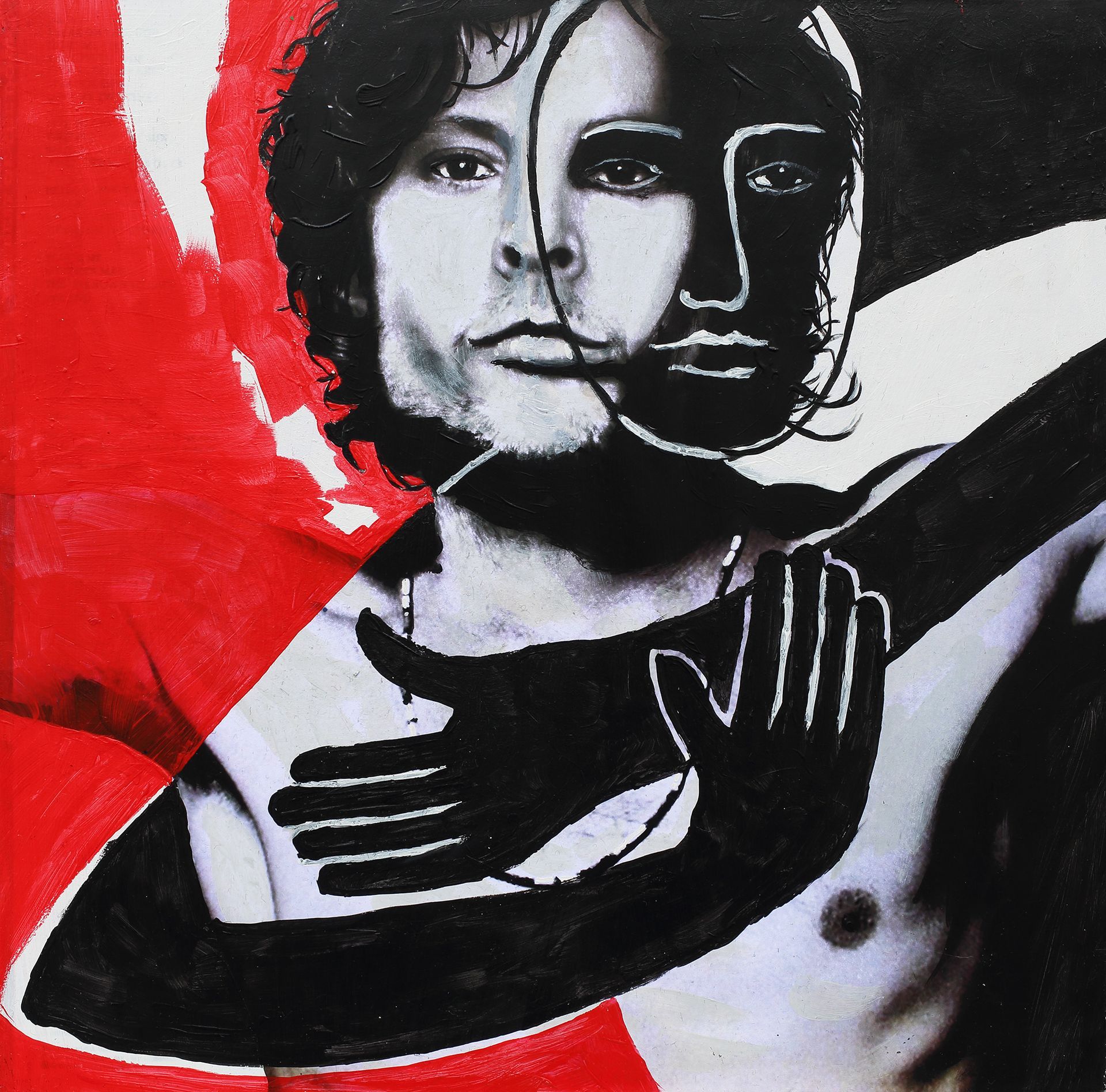 „Ghost Rider No. 38“ (Sebastian Bieniek as Jim Morrison, 1st of 4 different unique versions of Sebastian Bieniek and at the same time 3rd of 4 different versions of Jim Morrison) by Sebastian Bieniek, 2023. Acryl on board, 31 cm. x 31,5 cm. From the 58, 58 icons, art, artwork, 58 icons club, the 58 icons club, 58 ikonen club, club 58, 27 club, club 27, Kunst, artwork, Kunst, Künstler, artist, 58 painting, buy, auction, available, preis, prize, members, gallery, exhibition, book, ghost, angel, pleiadian king, ghost rider art,