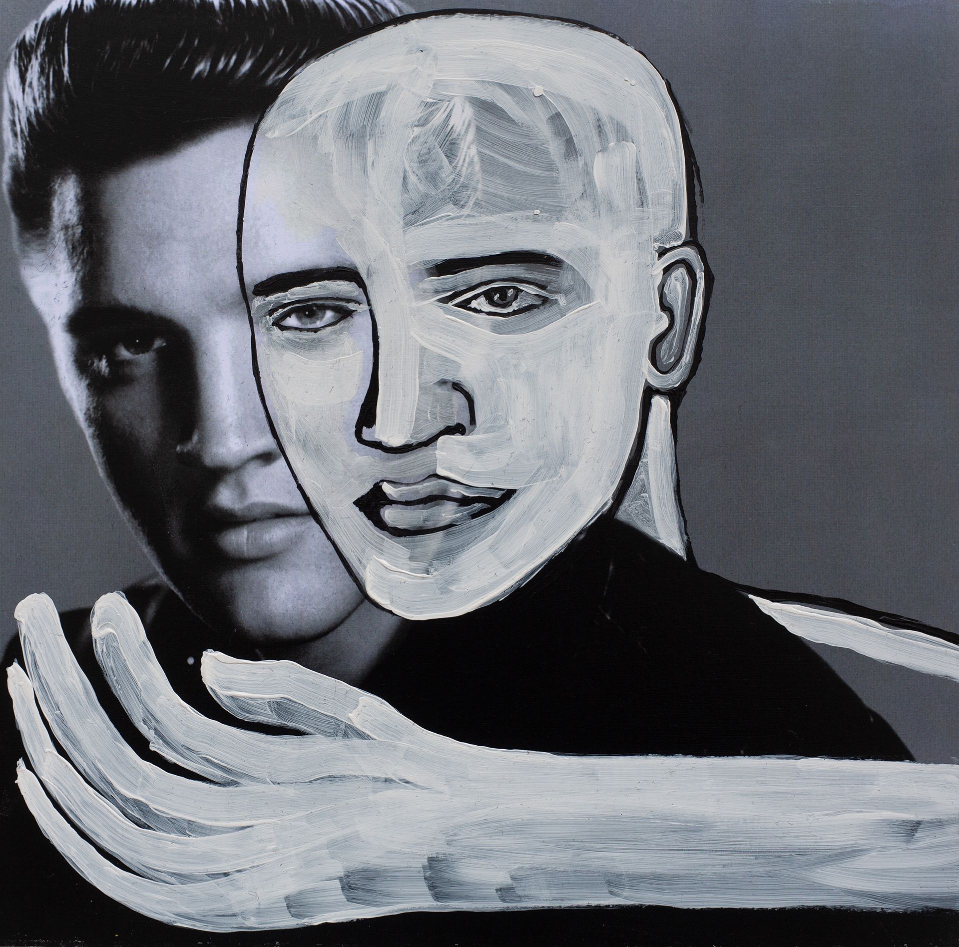 „Ghost Rider No. 45“ (Elvis Presley, 3rd of 4 different unique versions) by Sebastian Bieniek, 2023. Acryl on board, 31 cm. x 31,5 cm. From the 58, 58 icons, art, artwork, 58 icons club, the 58 icons club, 58 ikonen club, club 58, 27 club, club 27, Kunst, artwork, Kunst, Künstler, artist, 58 painting, buy, auction, available, preis, prize, members, gallery, exhibition, book, ghost, angel, pleiadian king, ghost rider art,