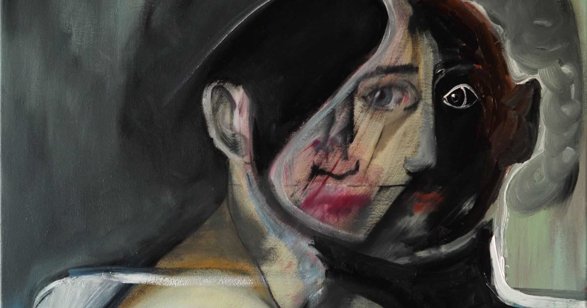 „Two-Faced No. 8“ by Sebastian Bieniek (B1EN1EK), 2014. Oil on canvas, 80 cm. x 60 cm. From the oeuvre of BieniekFace painting. „Two-Faced No. 8“ by Sebastian Bieniek (B1EN1EK), 2014. Oil on canvas, 80 cm. x 60 cm. From the oeuvre of BieniekFace painting.