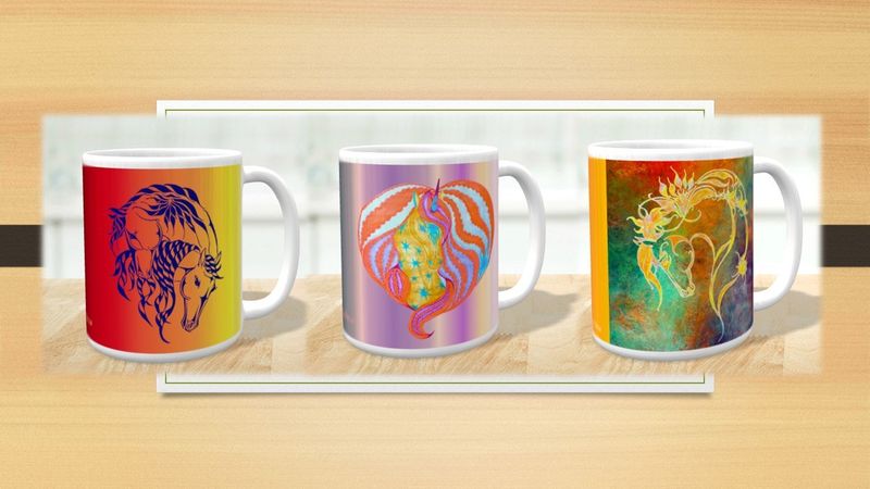 Keramiktassen mit Pferden und Einhörnern Keramiktassen mit Pferden und Einhörnern