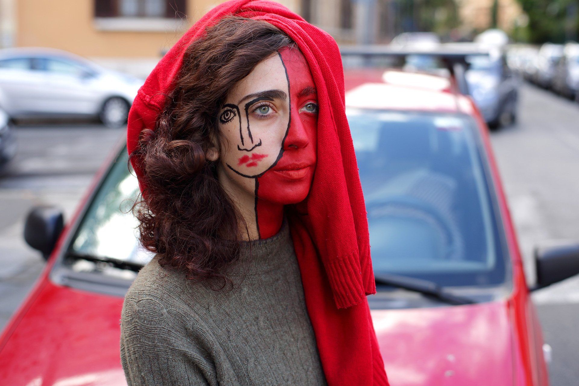 „Redface No. 3“ by Sebastian Bieniek (B1EN1EK), 2017, Rome (Italy). Model: Chiara di Carmine. Edition of 9 original photographs. 67 cm. x 100 cm. From the „Redface“ series. Oeuvre of Bieniek-Face (BieniekFace).
