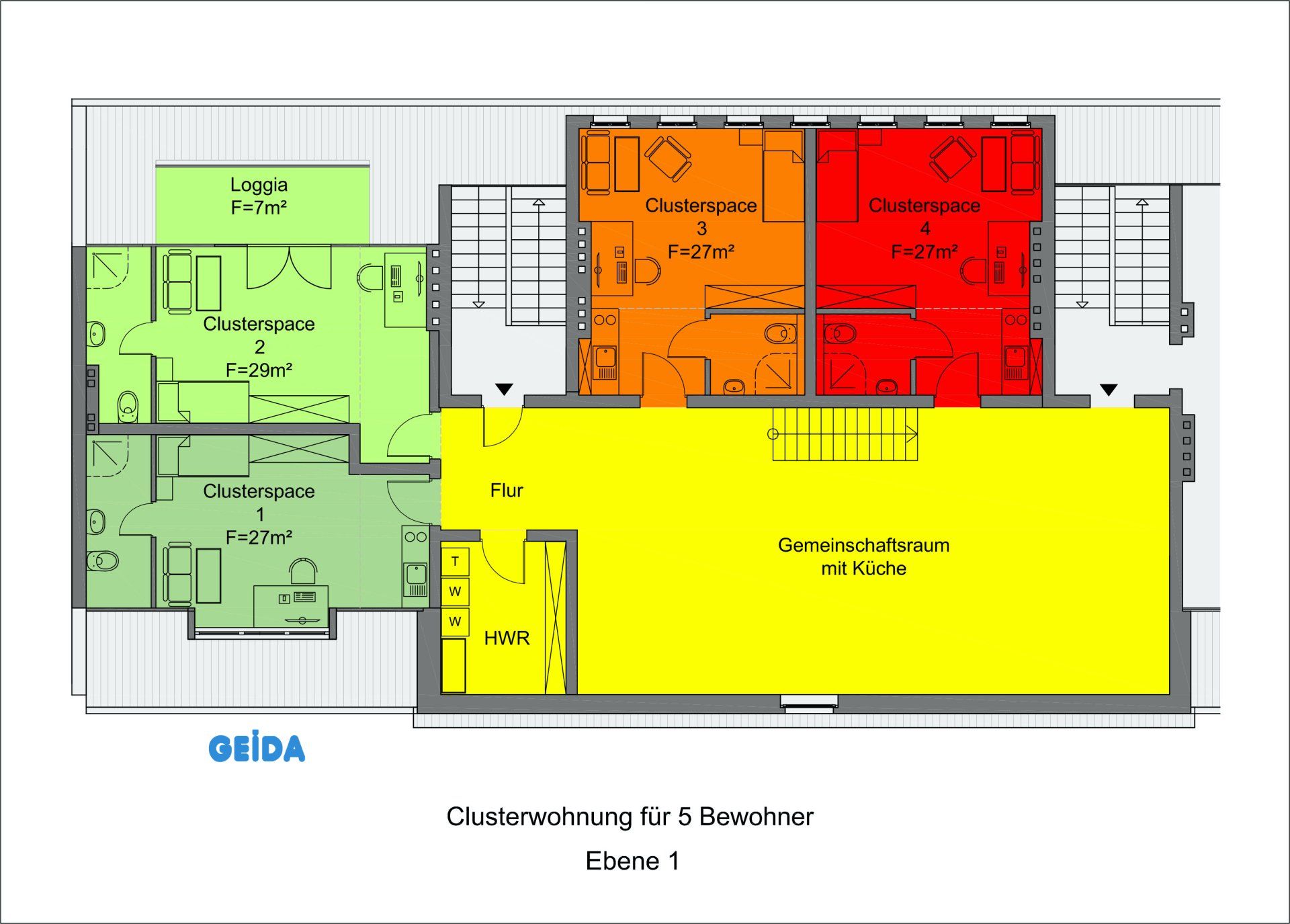 4 Clusterwohnungen + Gemeinschaftsraum mit Küche beim Dachausbau in Berlin Reinickendorf in der unteren Ebene. GEIDA Projektentwicklung