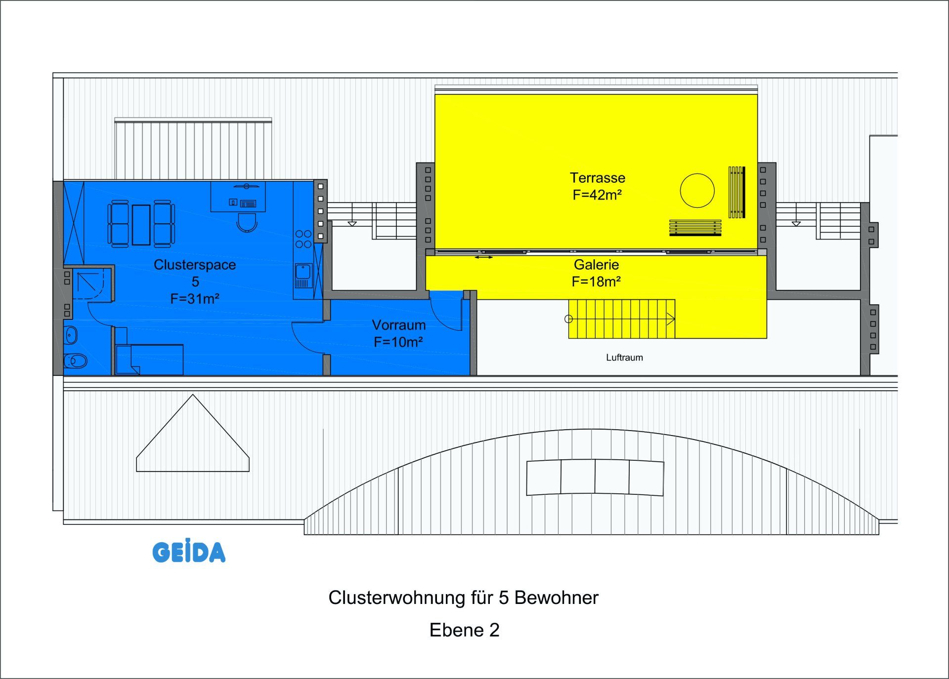 Eine Clusterwohnung beim Dachausbau in Berlin Reinickendorf + Terrasse in der oberen Ebene. GEIDA Projektentwicklung