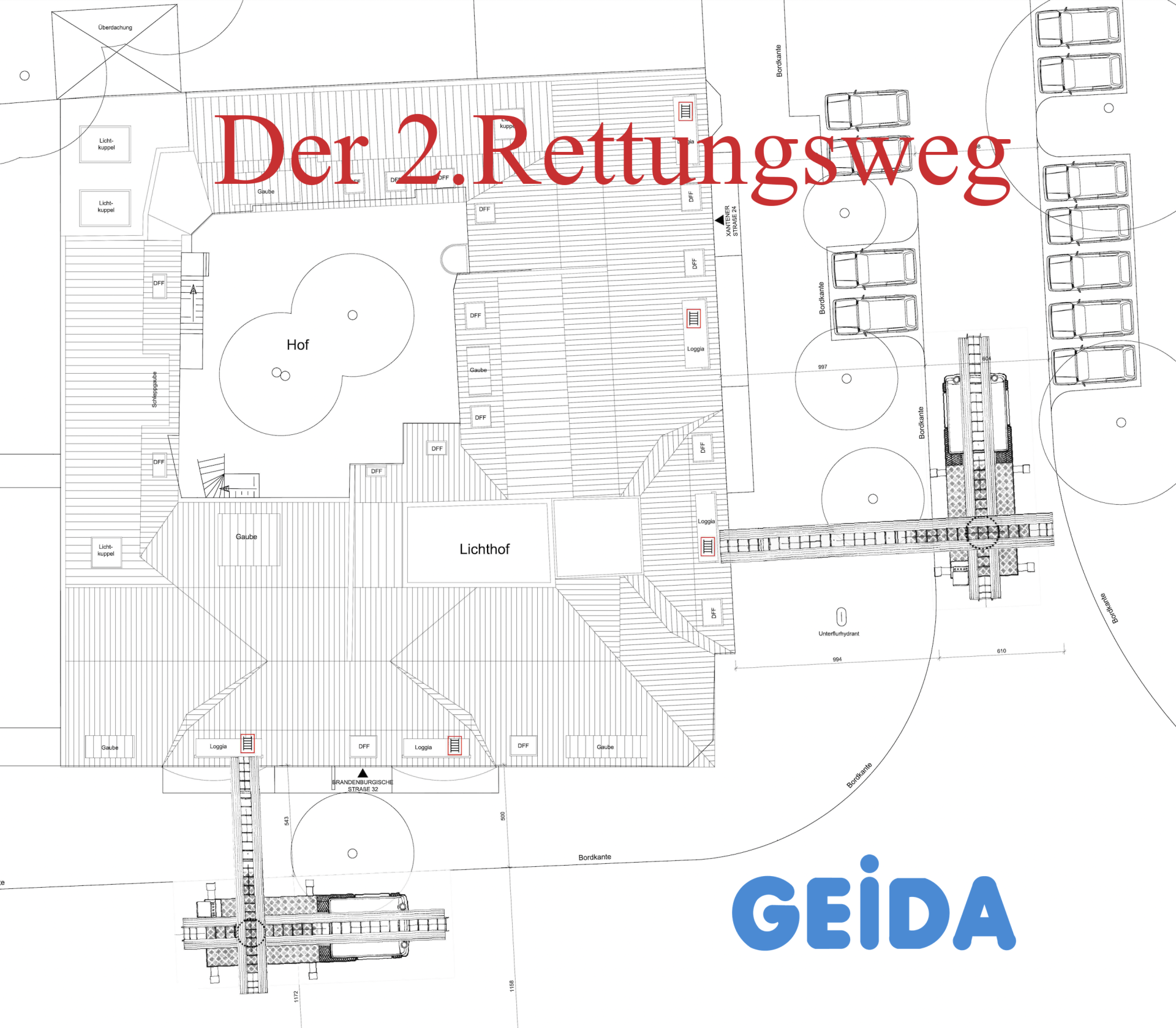 Der 2.Rettungsweg beim Dachausbau in Berlin Wilmersdorf mit der Feuerwehr auf der Straße. GEIDA Projektentwicklung