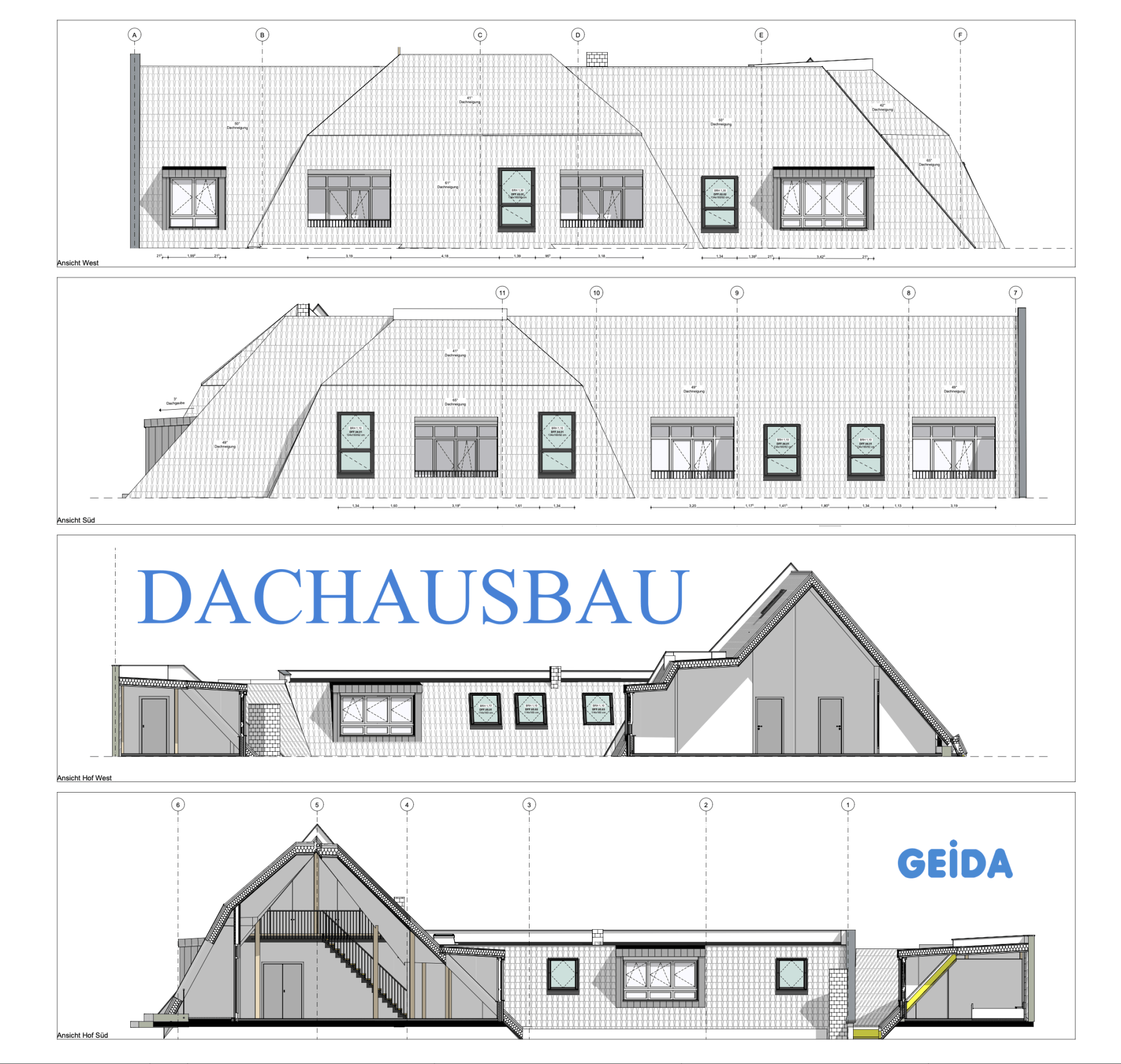Ansichten und Schnitte der Ausführungsplanung gemäß HOAI Leistungsphase 5 beim Dachausbau in Berlin Wilmersdorf mit 5 Wohnungen. GEIDA Projektentwicklung.