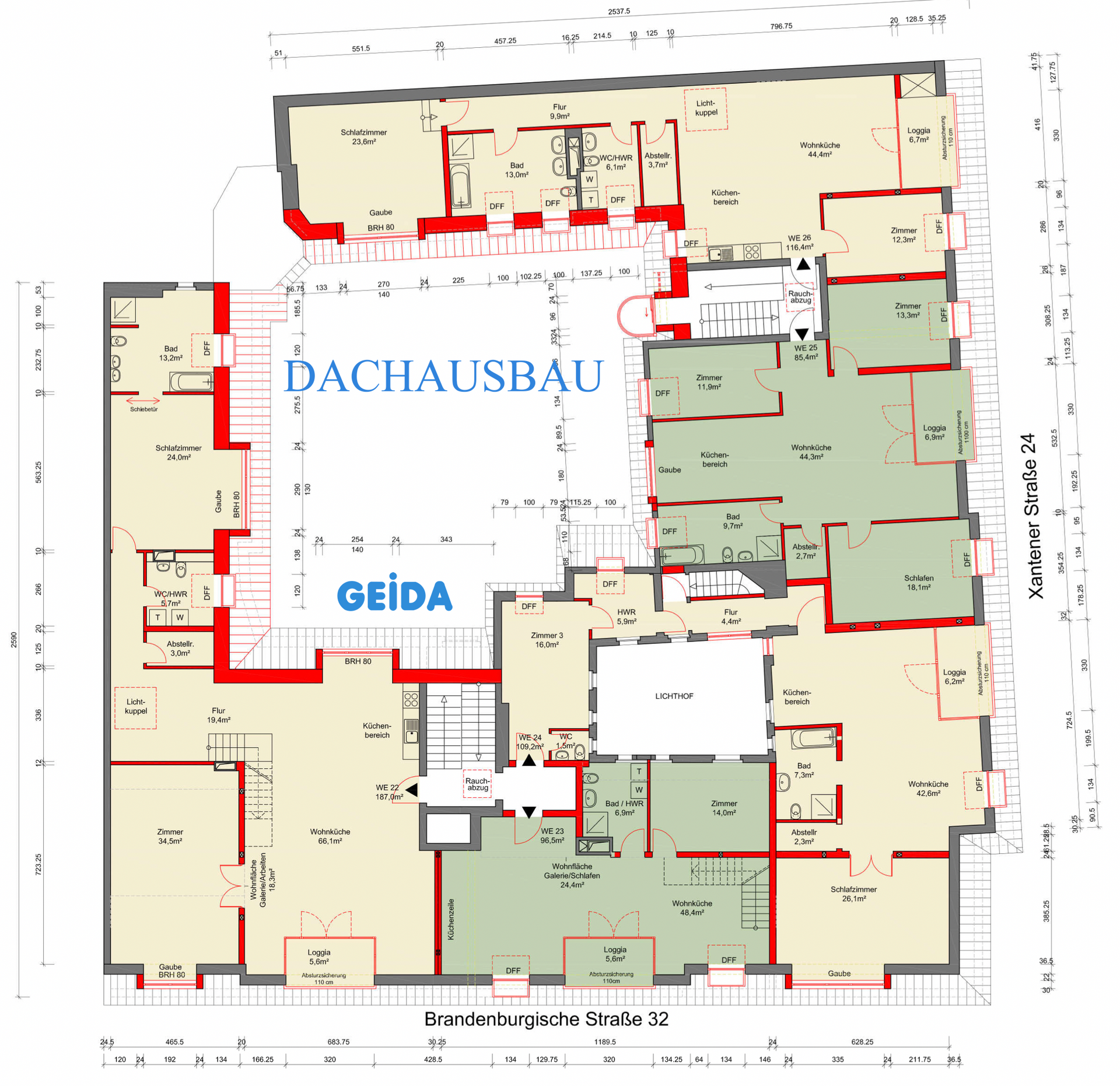 Grundriss beim Dachausbau in Berlin Wilmersdorf mit 5 Wohnungen. Architekt GEIDA