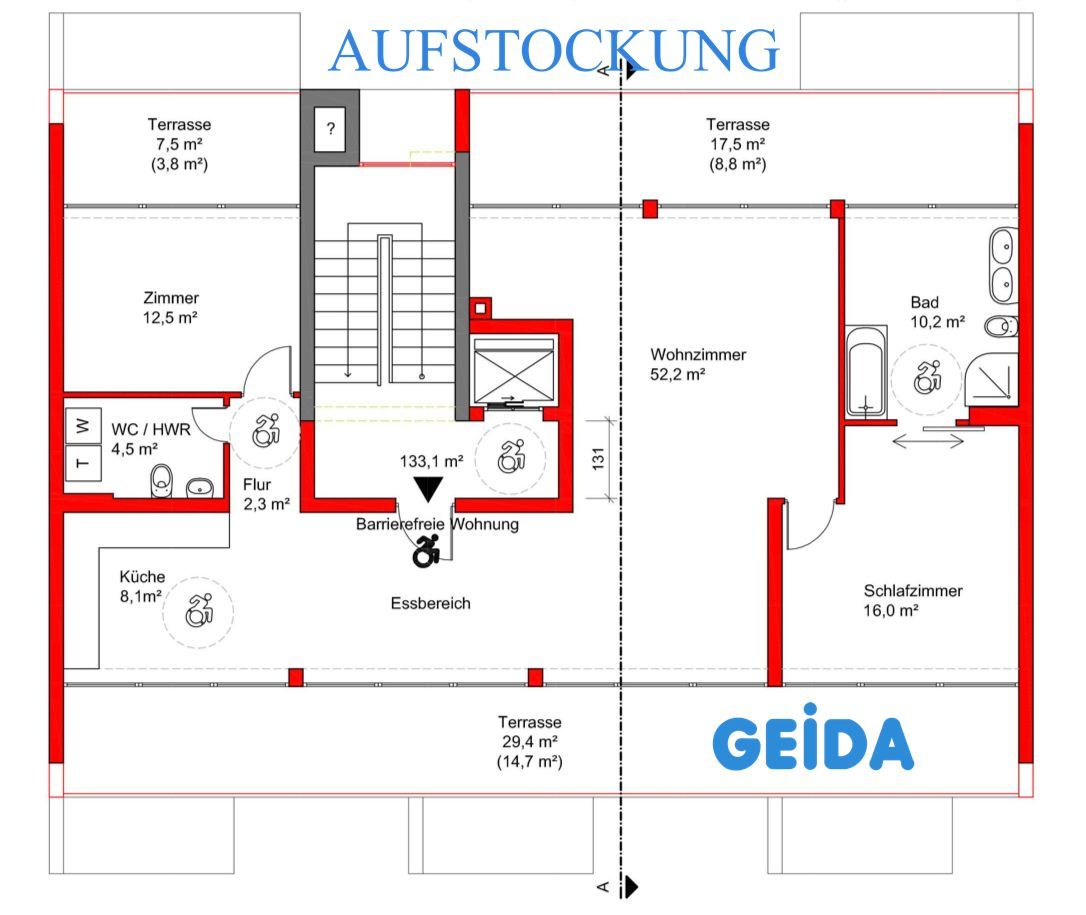 Grundriss bei der Aufstockung um ein Staffelgeschoss. Architekt GEIDA