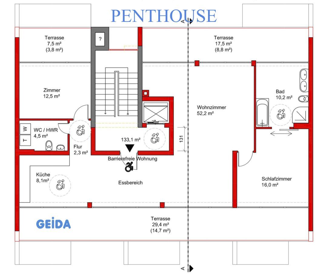Grundriss zur Baugenehmigung bei der Aufstockung um ein Staffelgeschoss / Penthouse eines Sozialbaus in Berlin Wilmersdorf. GEIDA Projektentwicklung