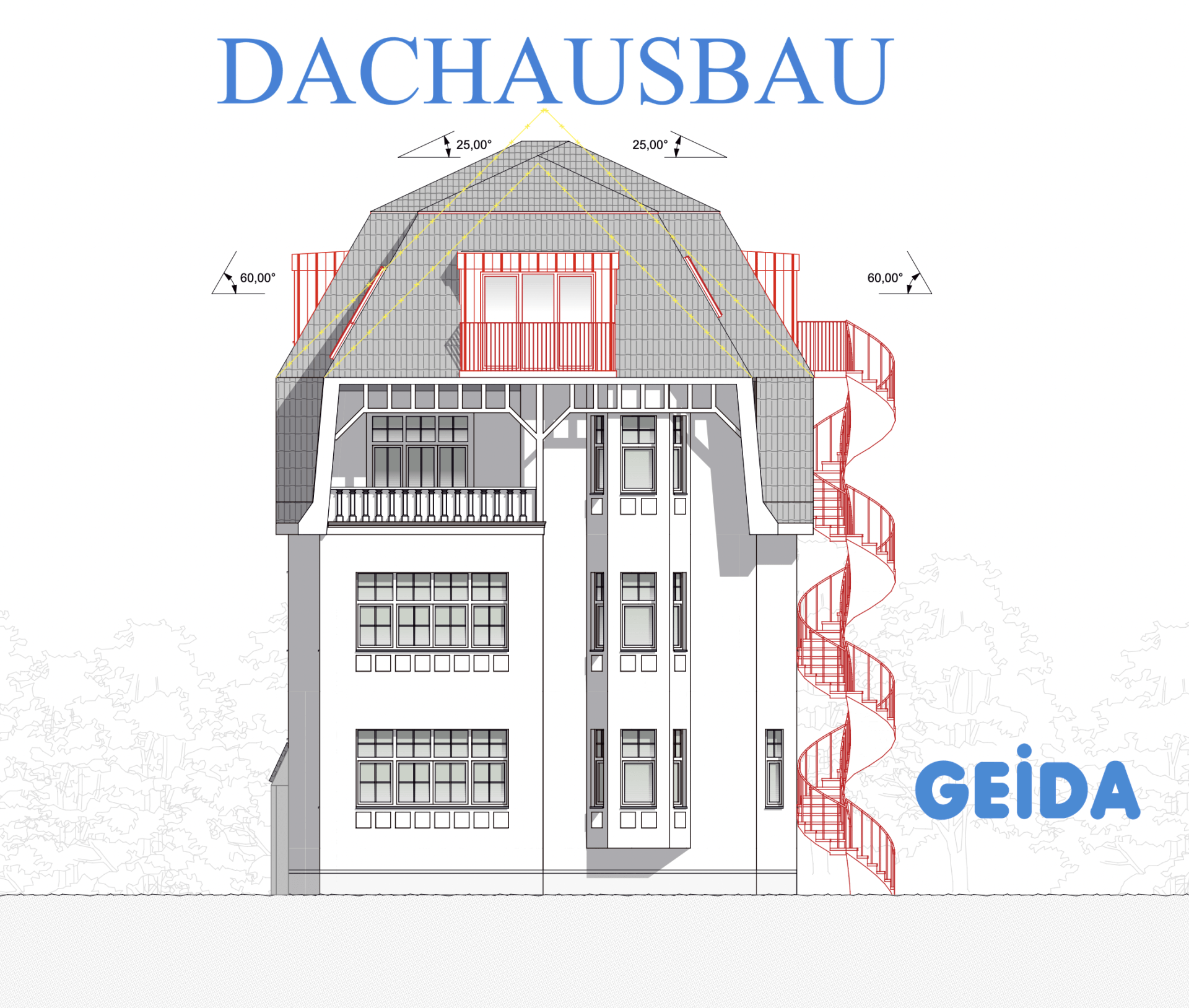 Dachausbau in Berlin Zehlendorf mit Spindeltreppe als 2.Rettungsweg. GEIDA Projektentwicklung