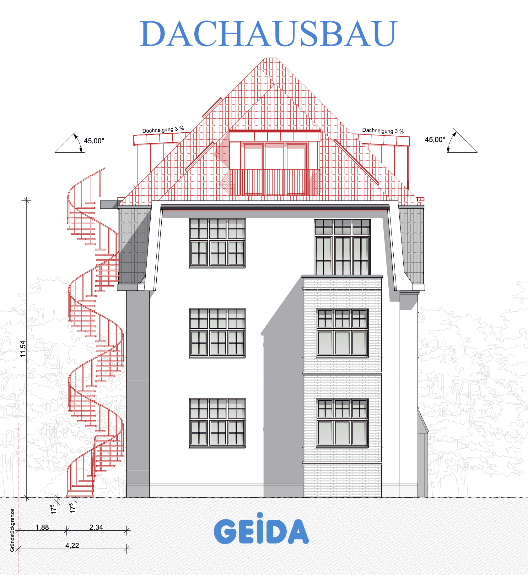 Die Stadtplanung hat der Entwurfsplanung beim Dachausbau mit 2 Wohnungen in Berlin Zehlendorf zugestimmt. Parallel zum Bauantrag fertigen wir den Brandschutznachweis mit der Spindeltreppe als 2.Rettungsweg. GEIDA Projektentwicklung