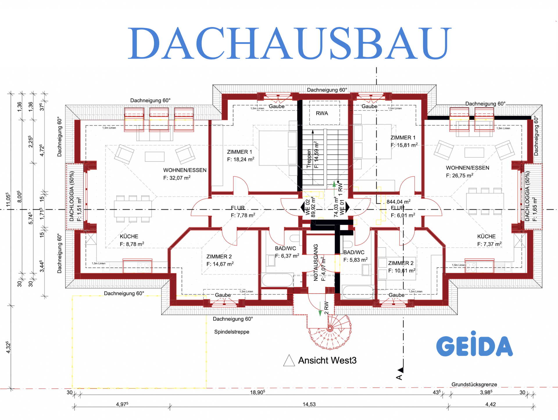 Grundriss zur Baugenehmigung beim Dachausbau in Berlin Zehlendorf mit 2 Wohnungen und Spindeltreppe als 2.Rettungsweg. GEIDA Projektentwicklung