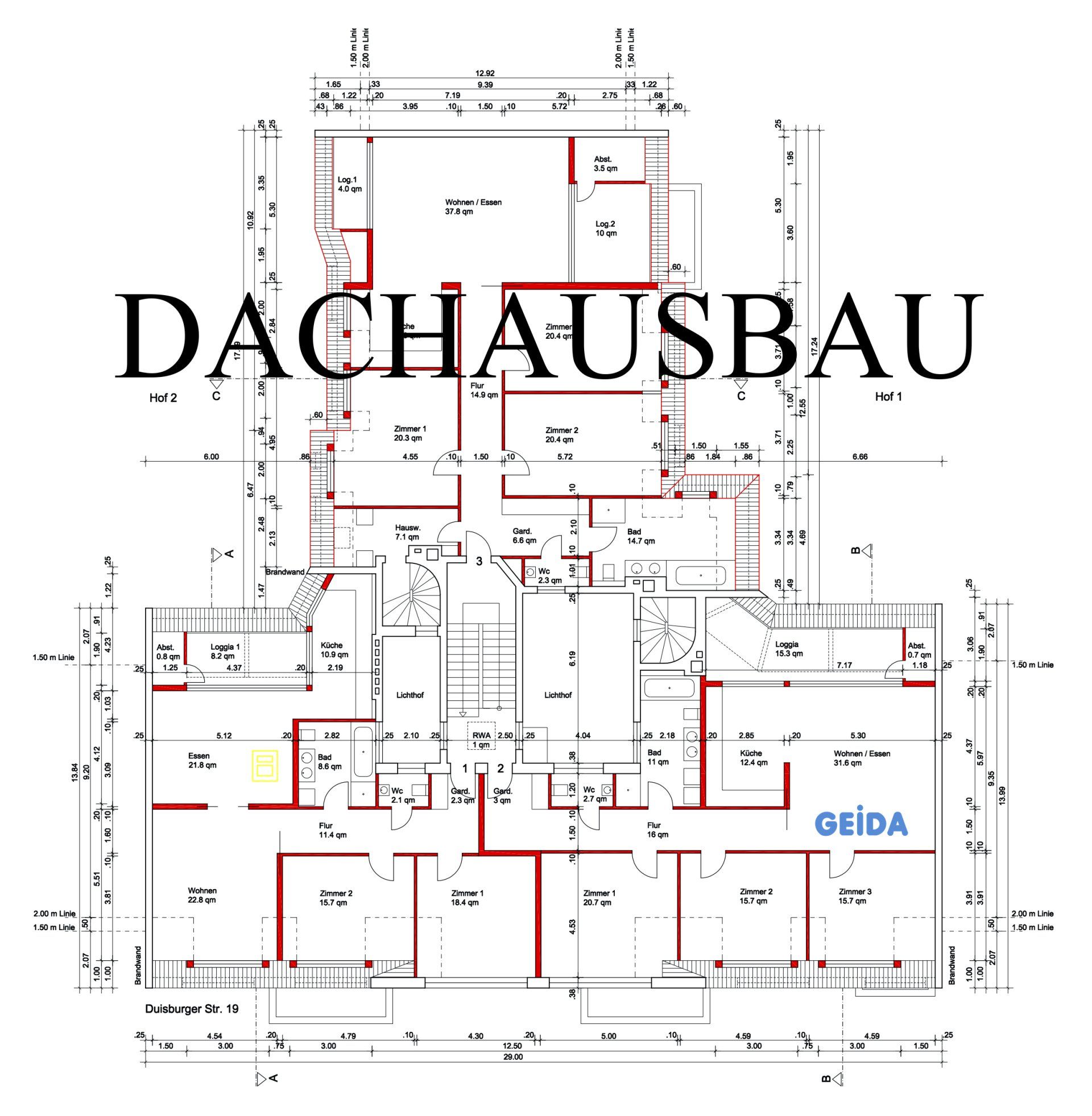 Grundriss zur Baugenehmigung beim Dachausbau in Berlin Wilmersdorf mit 3 Wohnungen. GEIDA Projektentwicklung