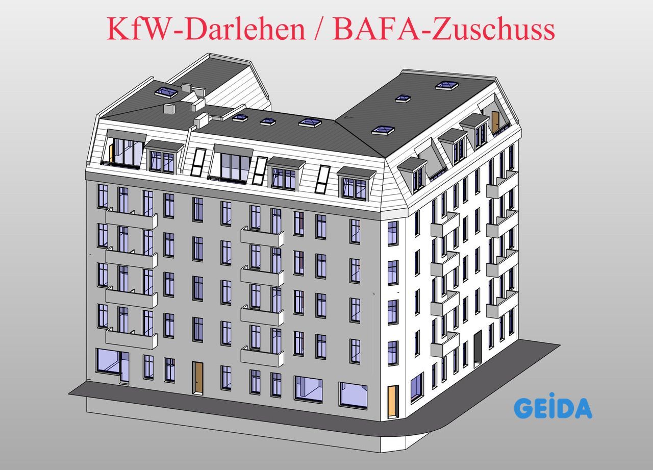 Im Januar 2022 bestätigte die KfW / BAFA die Förderung für den Dachausbau in Berlin Friedrichshain mit 4 Wohnungen im Förderprogramm * Effizienzhaus 55 * und die energetische Gebäudesanierung mit Fassadendämmung, Wärmeschutzfenster und Austausch der Heizung gemäß Sanierungsfahrplan. GEIDA Projektentwicklung