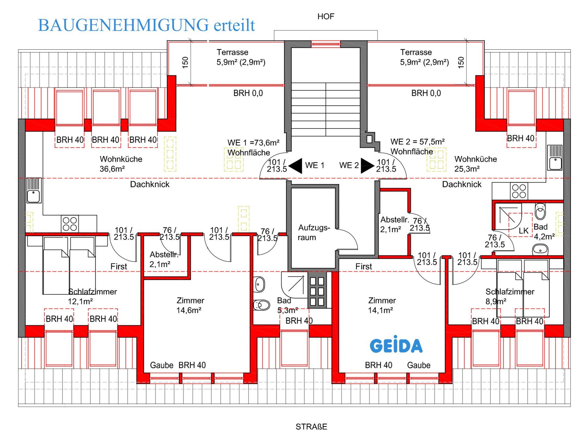 Grundriss zur Baugenehmigung beim Dachausbau in Berlin Kreuzberg mit 2 Wohnungen. GEIDA Projektentwicklung