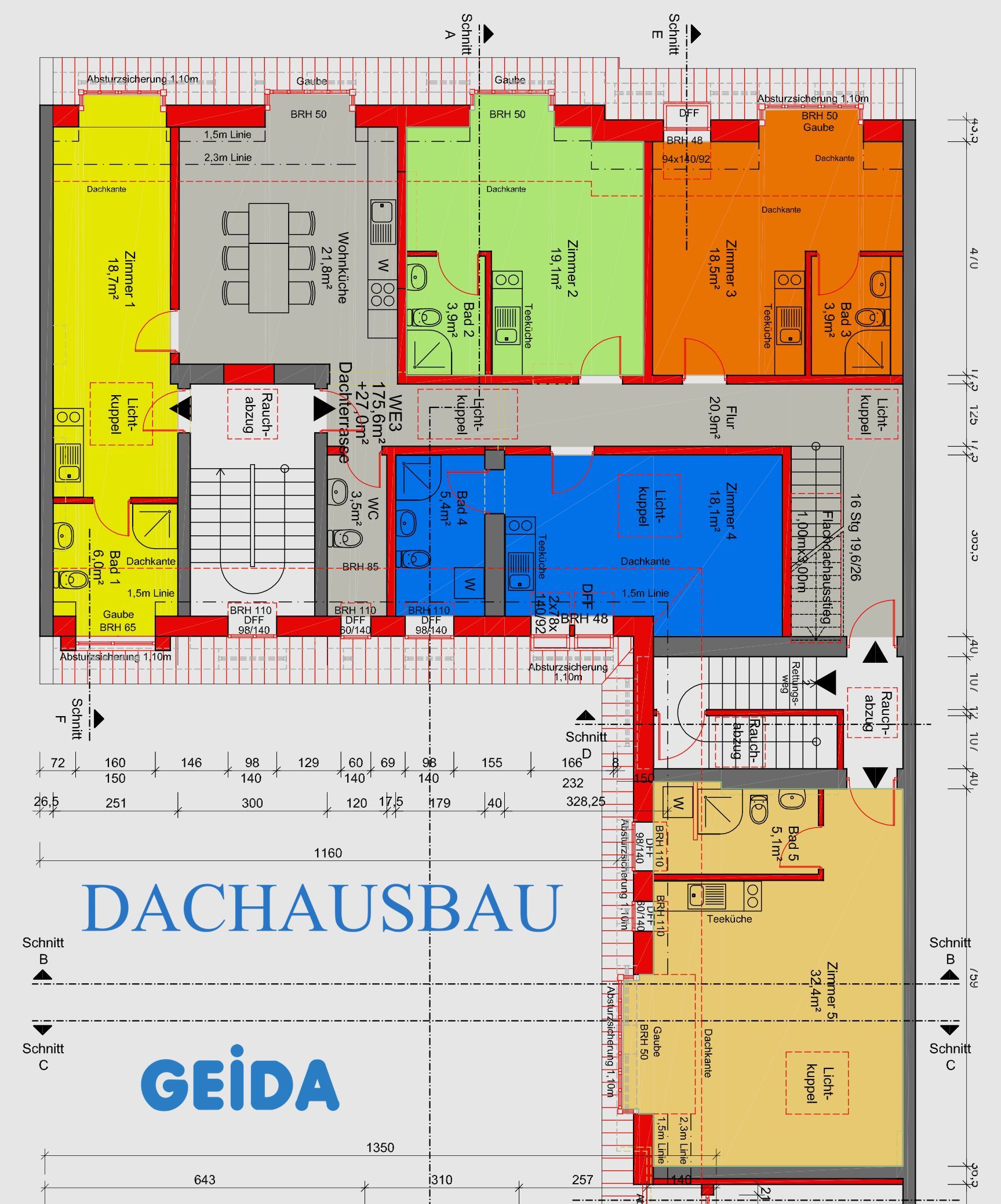 Grundriss beim Dachausbau in Berlin Friedrichshain bei einem Wohnhaus im Quergebäude für eine Wohngemeinschaften mit 5 Apartments / Clusterwohnungen und ein Gemeinschaftsraum mit Küchenzeile und eine Terrasse auf dem Dach.
Die Apartments / Clusterwohnungen haben ein Wohn-Schlafraum mit Küchenzeile und ein Duschbad.
Architekt / Architektur / Gebäudesanierung GEIDA Projektentwicklung