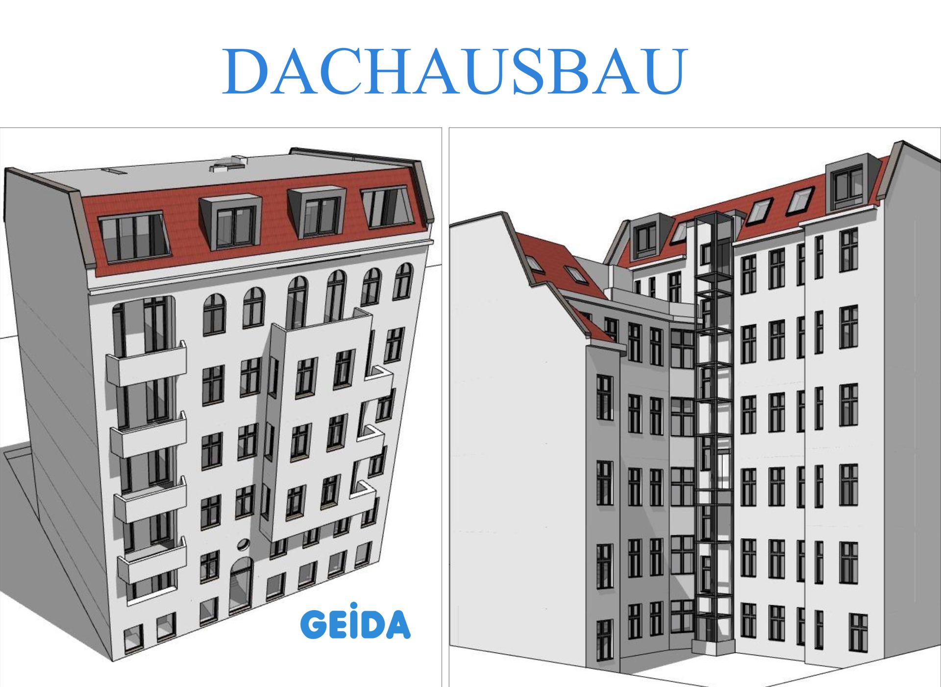 Visualisierung für den Dachausbau in Berlin Schöneberg mit 2 Wohnungen und Außenaufzug. GEIDA Projektentwicklung