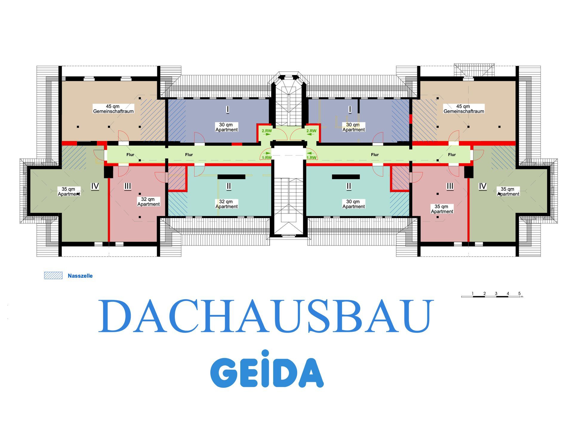 Grundriss beim Dachausbau in Berlin Spandau mit 8 Clusterwohnungen und zwei Gemeinschaftsräumen nebst Küchenzeile. GEIDA Projektentwicklung