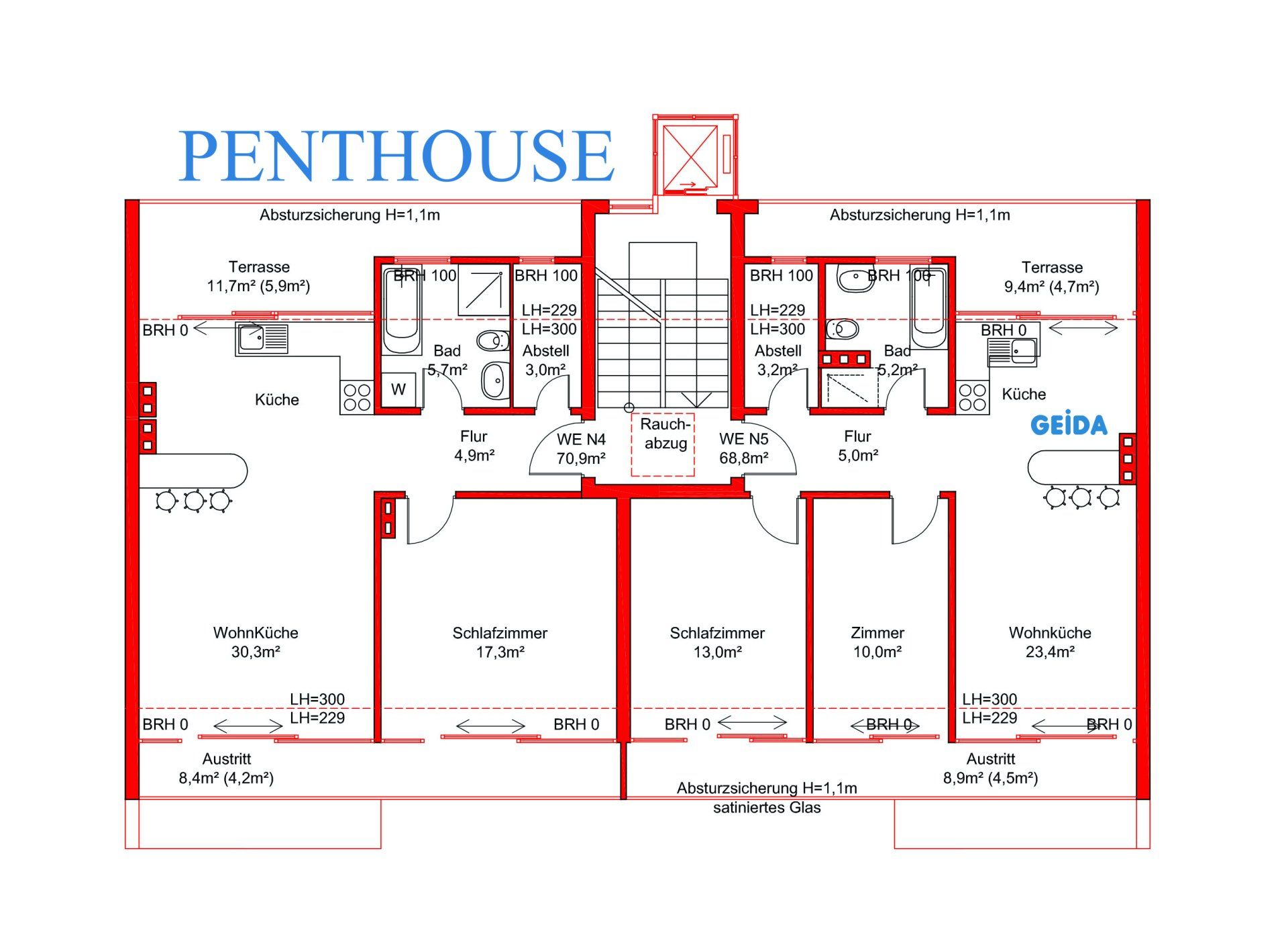 Grundriss zur Baugenehmigung bei der Aufstockung um ein Staffelgeschoss als Penthouse in Berlin Wedding. GEIDA Projektentwicklung, Architekt, Architektur, Gebäudesanierung.