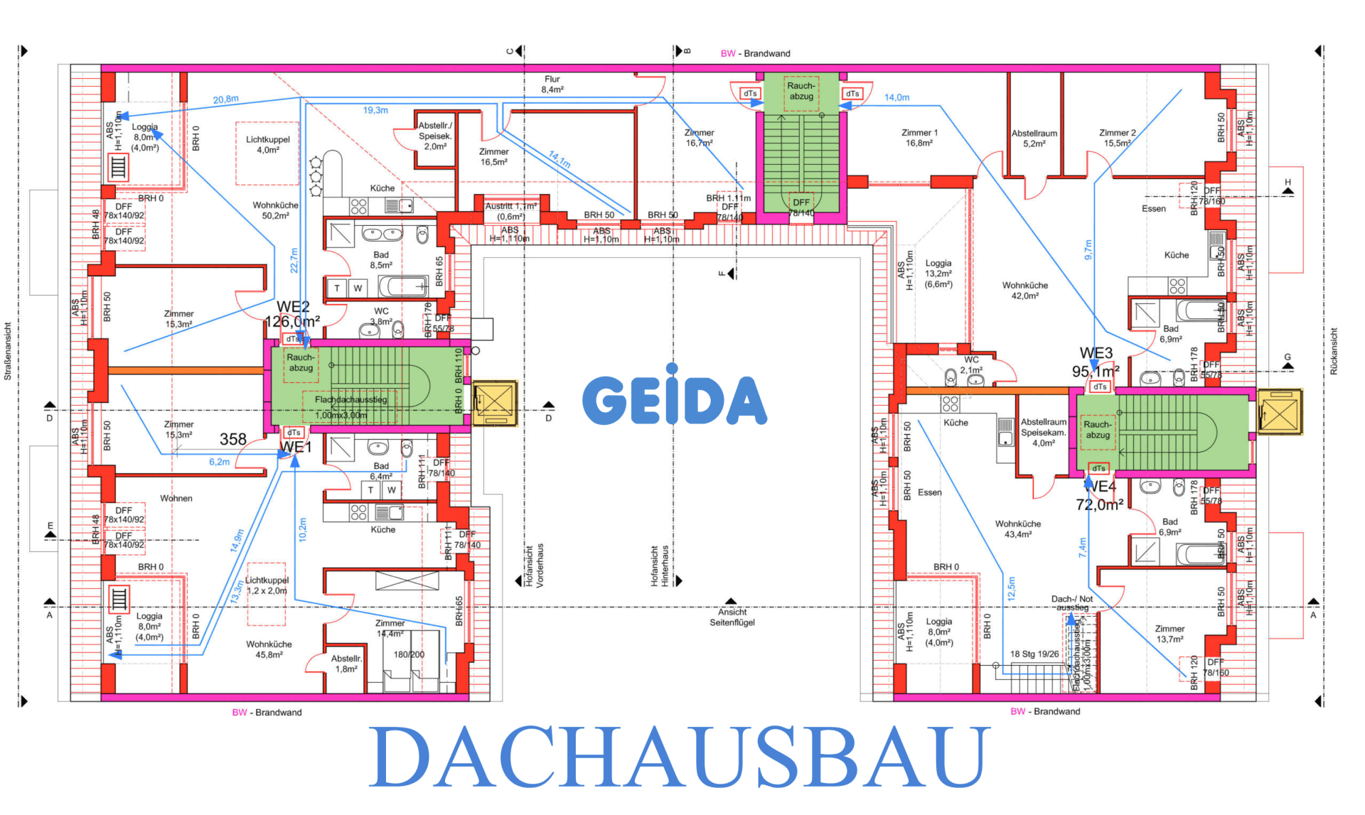 Grundriss zum Brandschutznachweis beim Dachausbau in Berlin Wilmersdorf mit den Rettungswegen für 4 Wohnungen. GEIDA Projektentwicklung
