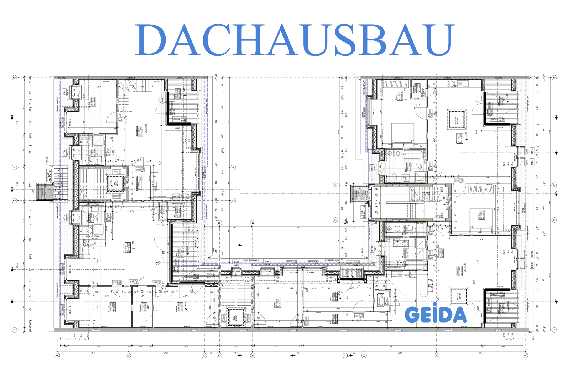 Grundriss der Ausführungsplanung beim Dachausbau in Berlin Wilmersdorf mit 4 Wohnungen und 2 Außenaufzüge. GEIDA Projektentwicklung