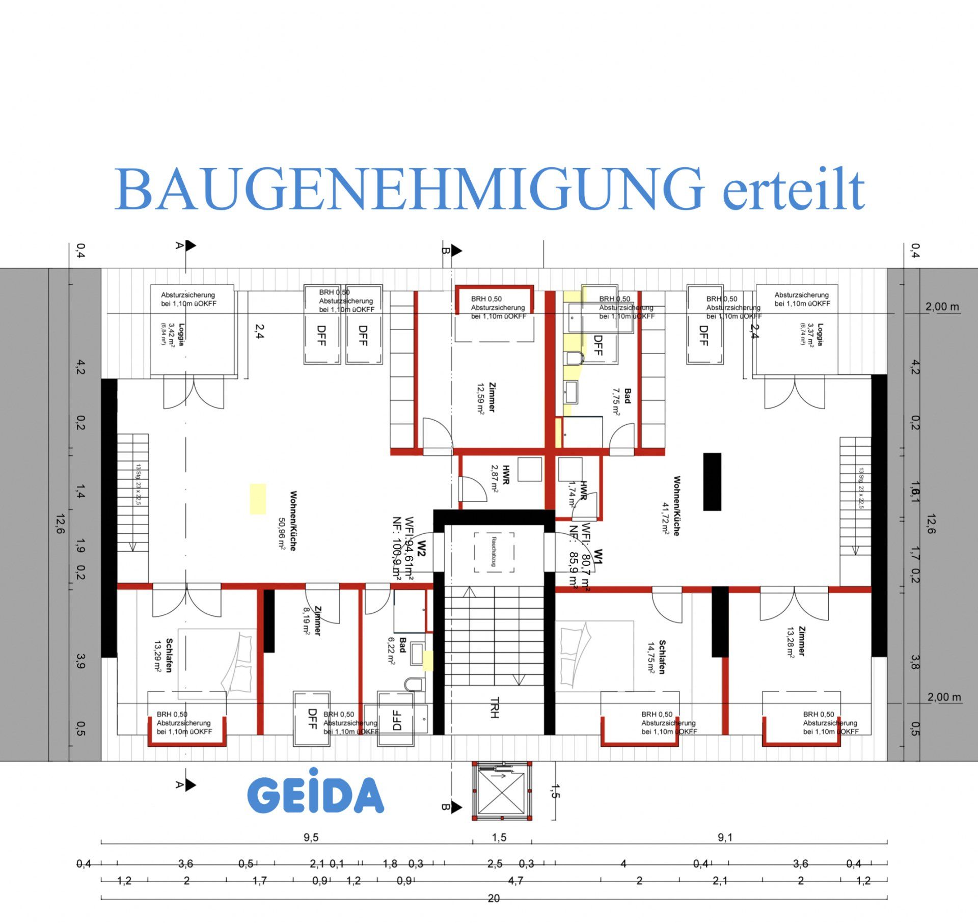 Grundriss zur Baugenehmigung beim Dachausbau in Berlin Spandau mit 2 Wohnungen und Dachterrasse. GEIDA Projektentwicklung