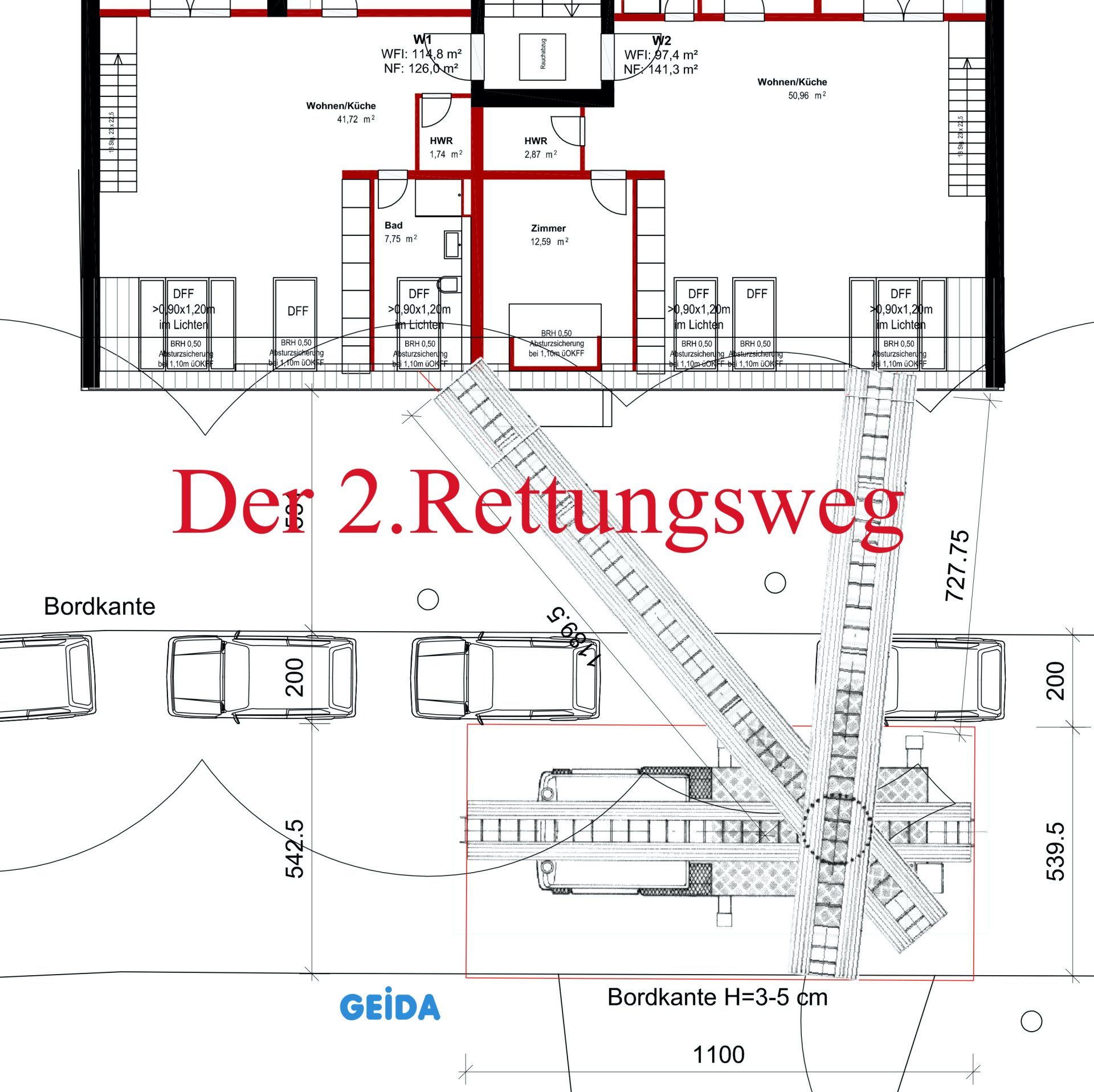 Der 2.Rettungsweg beim Dachausbau in Berlin Spandau mit 2 Wohnungen mit der Feuerwehr auf der Straße. GEIDA Projektentwicklung