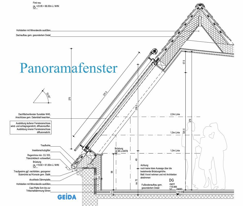 Das Panoramafenster in der Schnittzeichnung beim Dachausbau in Berlin Prenzlauer Berg. GEIDA Projektentwicklung