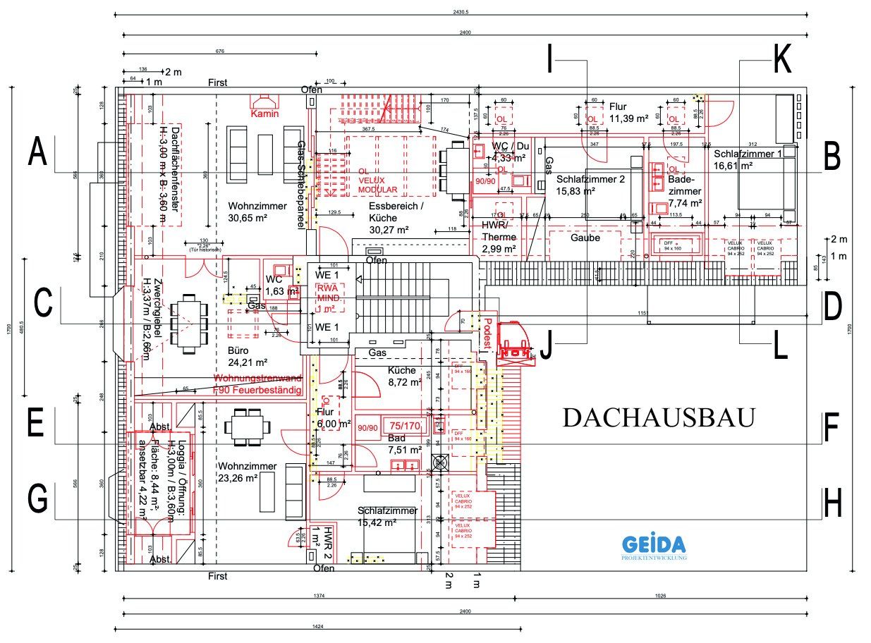 Grundriss zur Baugenehmigung beim Dachausbau in Berlin Prenzlauer Berg mit 2 Wohnungen, Dachterrasse und Fassadengleiter. GEIDA Projektentwicklung
