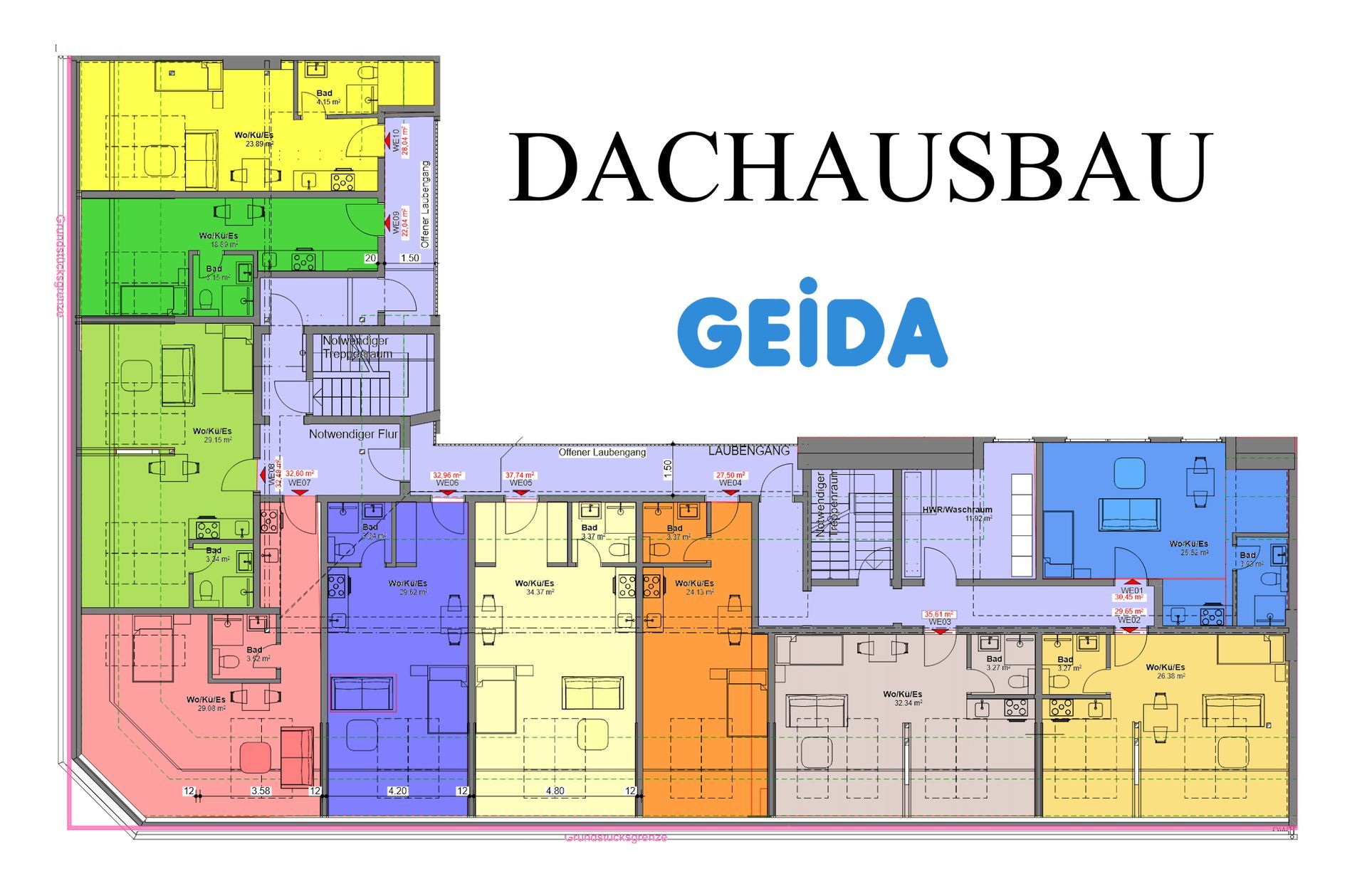 Grundriss beim Dachausbau bei einem Baudenkmal
in Berlin Lichtenberg mit 12 Mini-Wohnungen.
Das Dachgeschoss hat einen Drempel und der vorhandene Dachstuhl,
der zu ertüchtigen ist, eine Schräge von 23 Grad.
Die Wohnungen zur Straße haben Dachflächenfenster.
Architekt / Architektur / Gebäudesanierung GEIDA Projektentwicklung