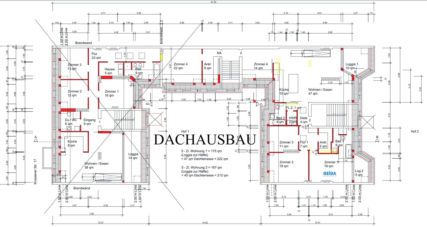 Grundriss zur Baugenehmigung beim Dachausbau in Berlin Friedrichshain mit 2 Wohnungen