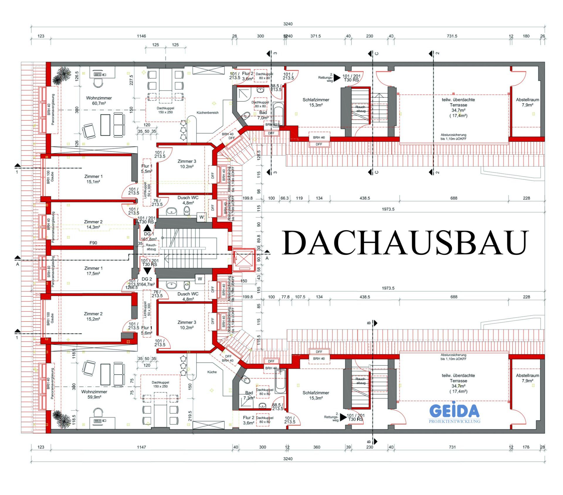 Grundriss zur Baugenehmigung beim Dachausbau in Berlin Friedrichshain mit 2 Wohnungen und Außenaufzug. GEIDA Projektentwicklung