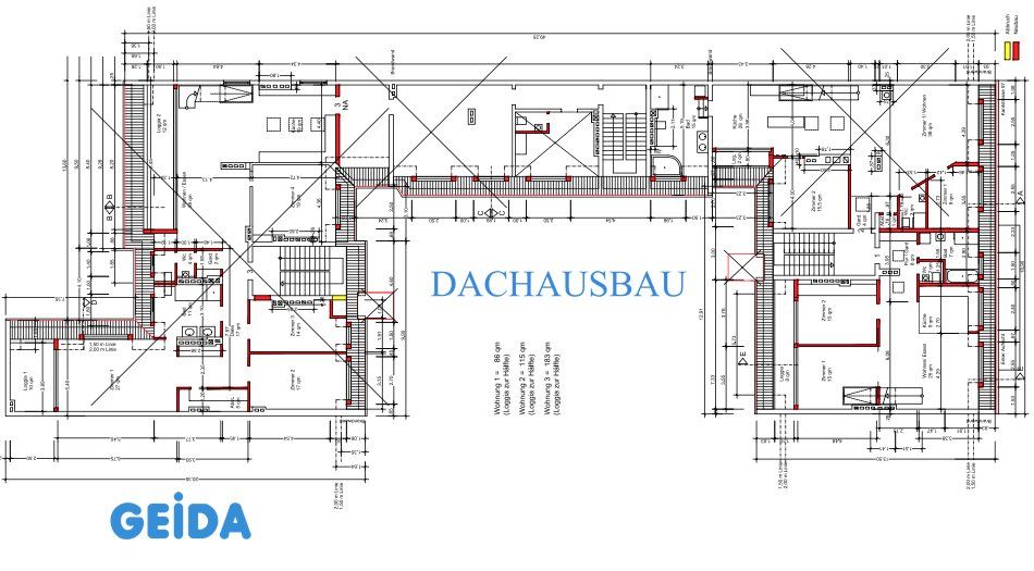 Grundriss zur Baugenehmigung beim Dachausbau in Berlin Charlottenburg mit 3 Wohnungen, Dachterrassen und 2 Außenaufzüge. GEIDA Projektentwicklung